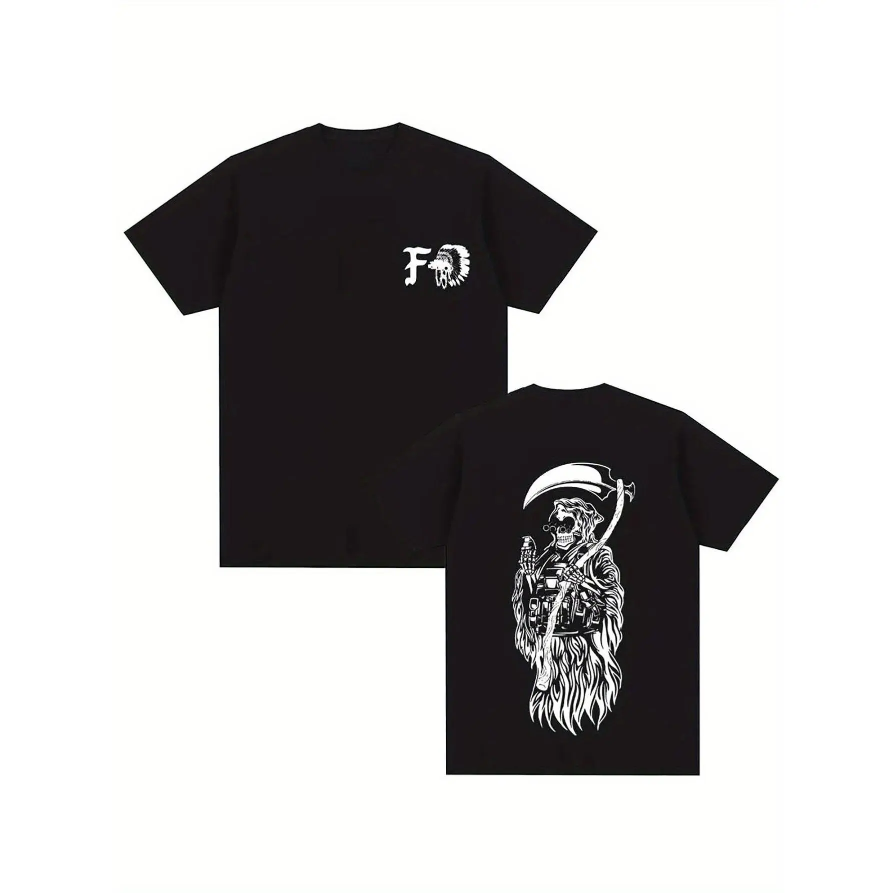 Men's Pure Cotton T-Shirt with Funny Print, Featuring the Grim Reaper with a Scythe and Tactical Gear Design in a Bold Black and White Art Style. Perfect for Fans of Dark Humor and Edgy Streetwear, Ideal for Casual Wear, Parties, and Music Festivals. Tren