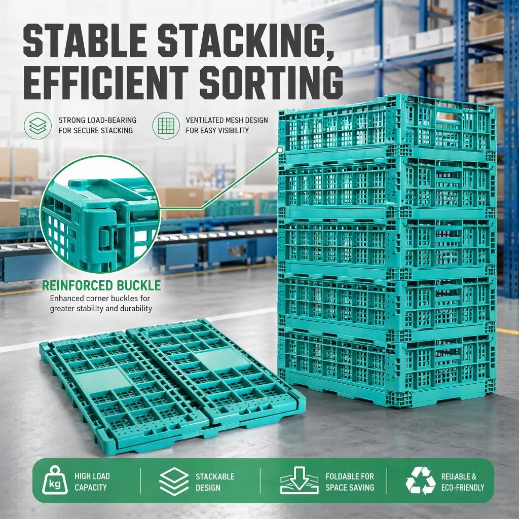 Collapsible Stackable Plastic Crate Fold Flat Space Saving Ventilated Mesh Basket for Fruit Vegetable Wholesale Supermarket Warehouse Garage Storage