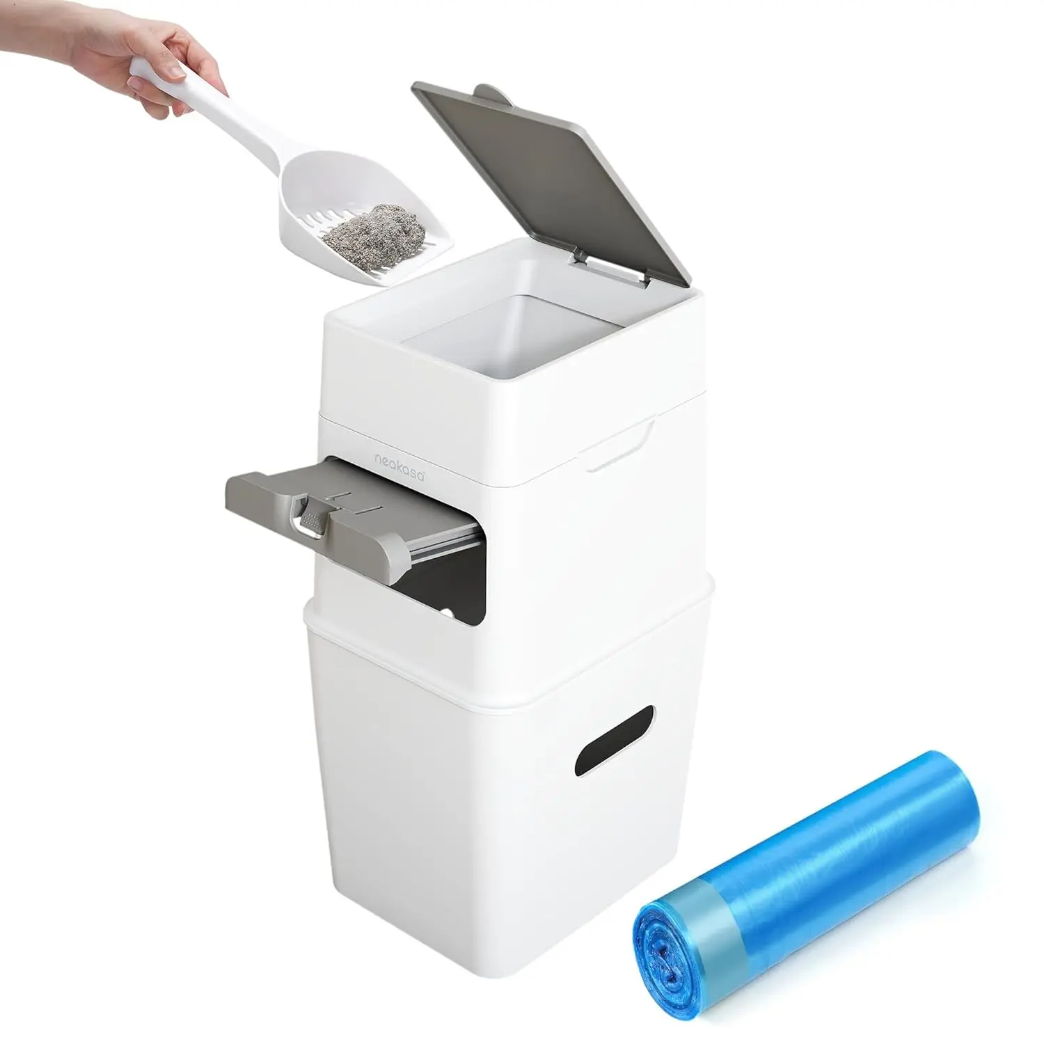 PooGuard Odor Control Litter Disposal Bin - 9.2L Pet Waste Trash Can with Viewing Window, Wider Opening, 4-Month Refill Bag Set (White)