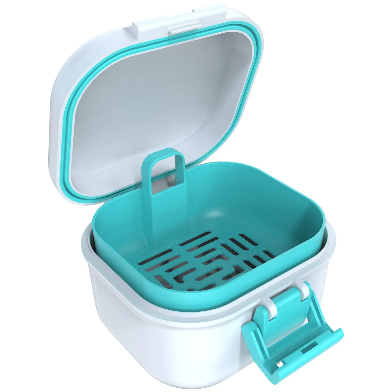 Leak Proof Denture Bath Cup, Portable Soaking Denture Box, Denture Bath Case with Strainer, for Dentures and Braces (White + Cyan)