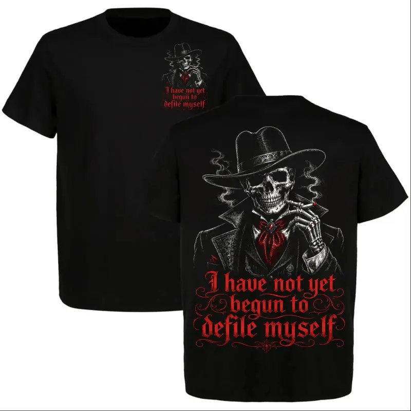 Graphic T-Shirt Doc Holliday "I Have Not Yet Begun to Defile Myself" Tee, Tombstone Western Cowboy Skeleton Skull Graphic Shirt, Vintage Outlaw Halloween Style T-Shirt, Unisex Cotton Short Sleeve Casual Streetwear Tee for Men Women, Western Fan Gift