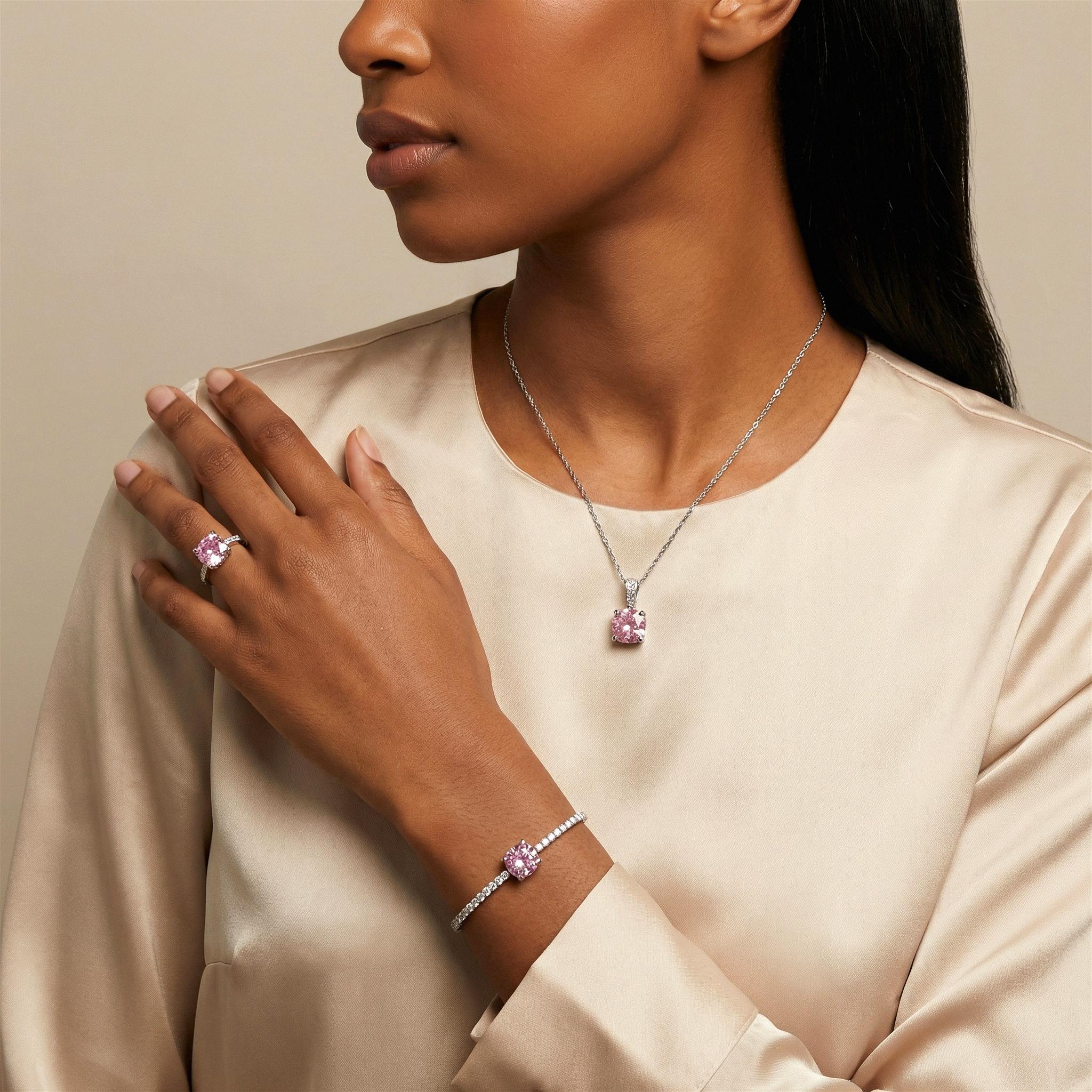 VAELUME Luxury 18K White Gold Plated Octagon Rose-Cut Pink Diamond Jewelry Set - 3PC Necklace Bracelet Ring-5A VVS CZ, Perfect for Daily Wear, Anniversaries,Birthday Gift for Women and Girls