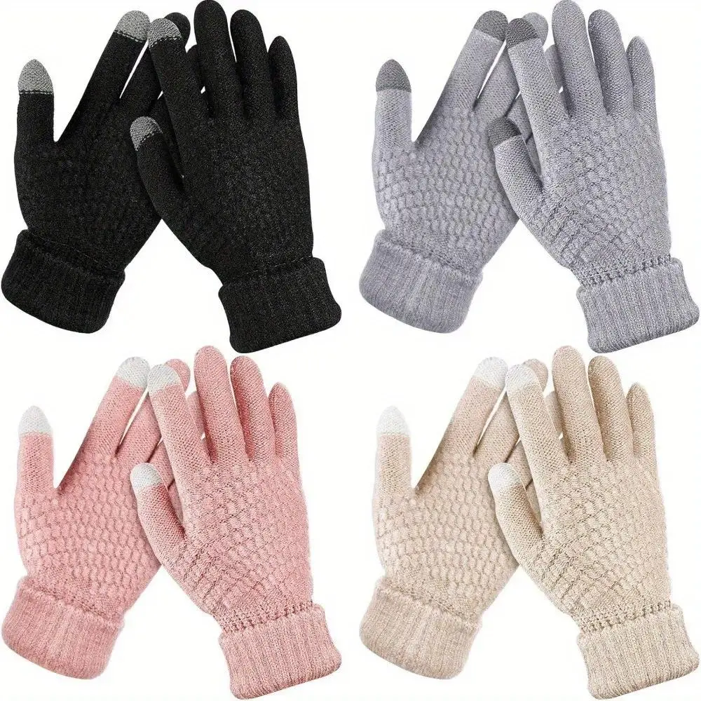 4-Pair Female Velvet Gloves, Korean-Style Casual Winter Set with Thick Fleece-Lined Interior and Touch Screen Fingers, Affordable Fashion, Elastic Cuffs