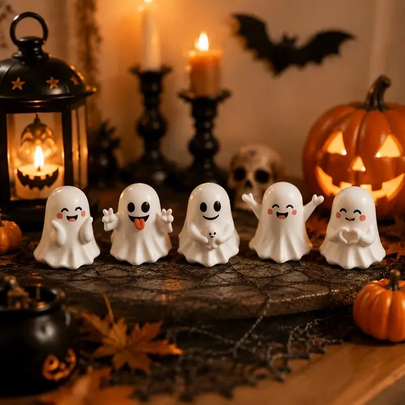 Halloween Ghost Mini Statue Set, Cute Halloween Home Decor, Festive Office Desk Decoration, Seasonal Fall Table Ornament, Decorative Figurines