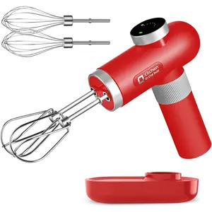 Cordless Rechargeable Hand Mixer for Kitchen, Portable Handheld Electric Mixer with Beaters, Whisks, 6-Speed Digital Display, Charging Base and USB-C Charge Cable (Cherry Red)