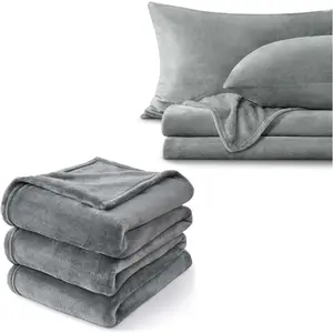 Fleece Blanket (90"x90") & Fleece Sheet Set 4 count(Include Fitted Sheet, Flat Sheet, 2 Pillowcases)