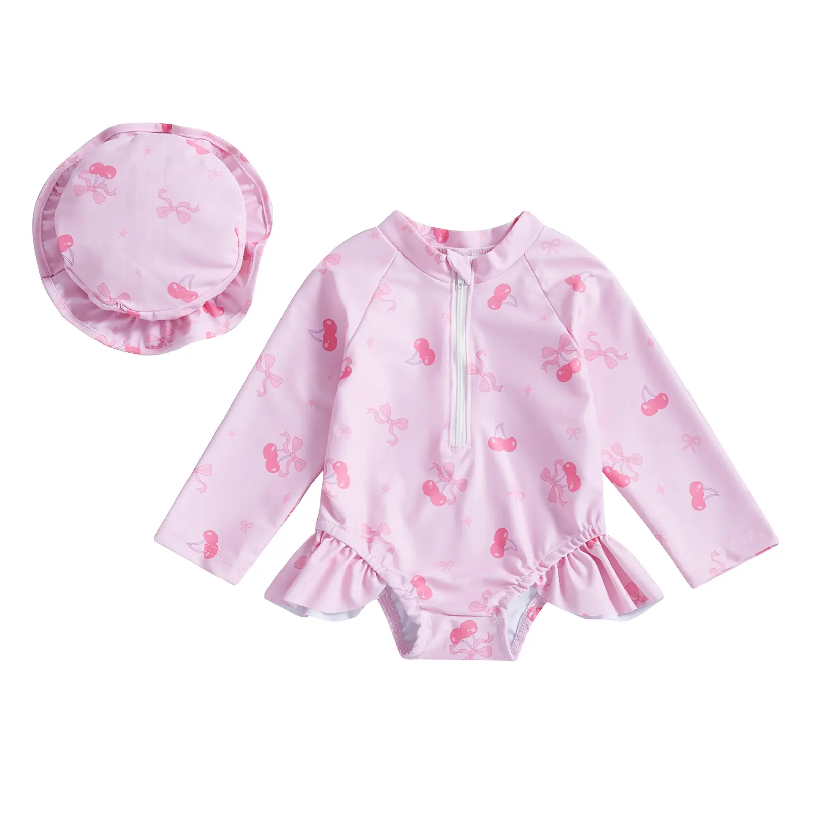Toddler Baby Girl Rash Guard Swimsuit, Zip Up Long Sleeve Crew Neck Bow Fruit Print 2-Piece Swim Set with Matching Hat