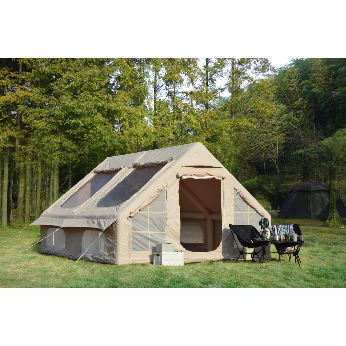 Aobtkel9.8 x13ft  Inflatable Camping Tents with Hand Pump, Air Glamping Tents, Easy Setup Waterproof and Windproof Blow up Tent, 4 Seasons Oxford Cabin Tent with Mesh & Chimney Window. Beige