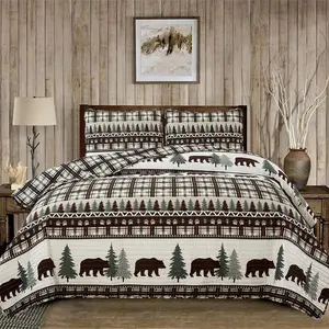 3 count Reversible Quilt Set with Shams | - Soft  Lightweight Bedspread | Rustic  Cabin Printed  Design | Cedar Creek Collection (, /Green)