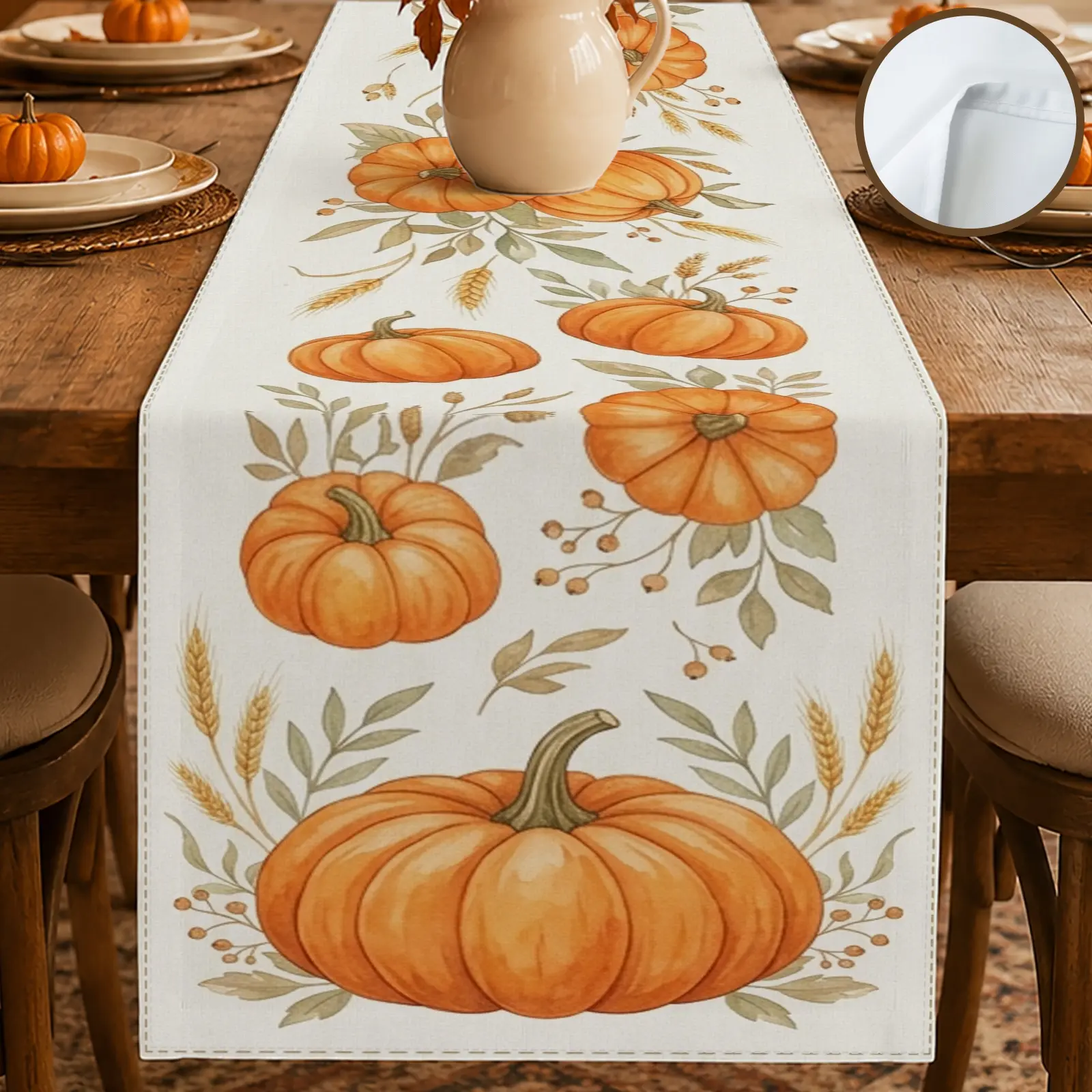 1pc Pumpkin Floral Table Runner, Rustic Fall Style, Watercolor Style Print, for Dining Table Kitchen Decor Home Decor Thanksgiving Dinner Fall Decor