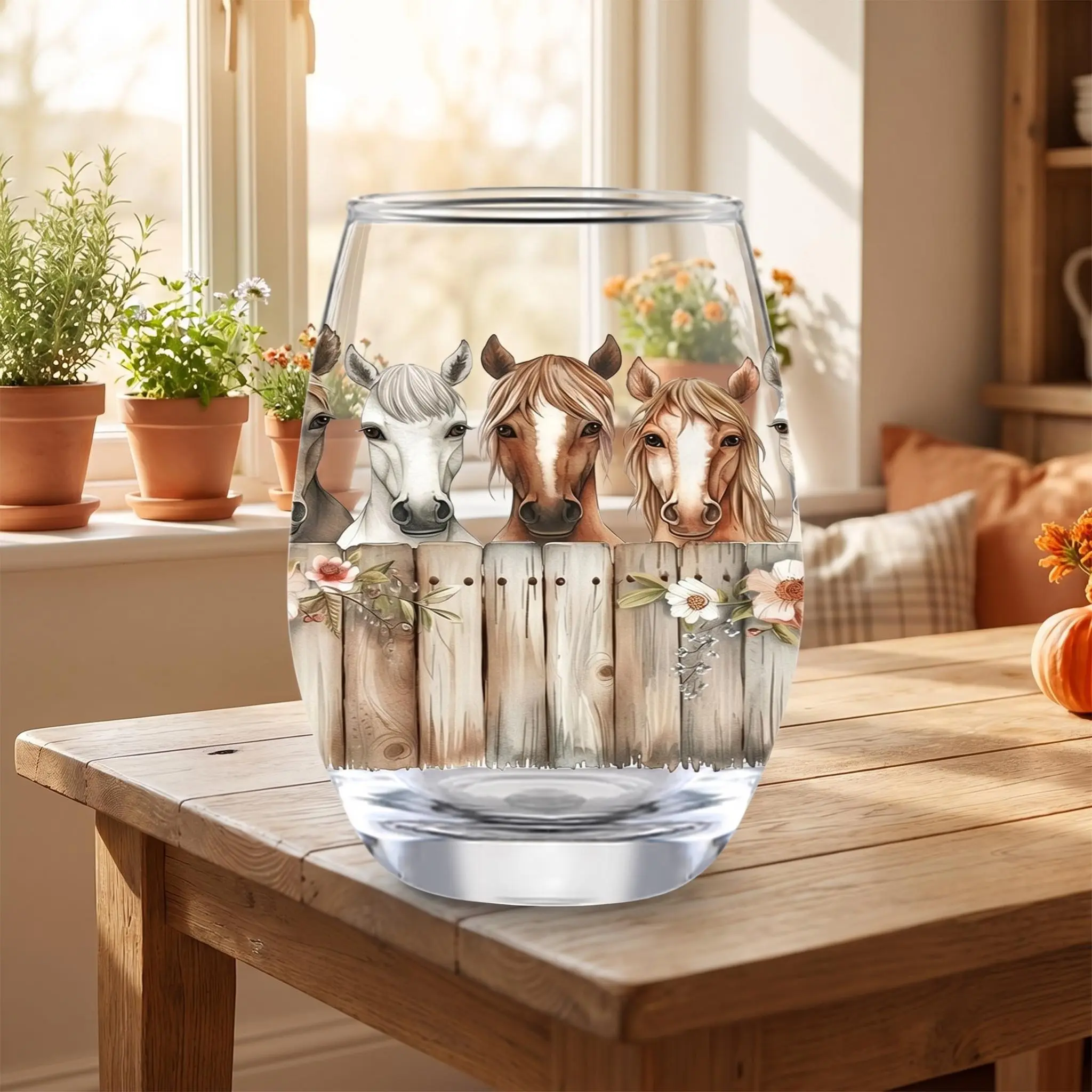 1pc/12oz/350ml/Stemless Wine Glasses,Champagne And Whisky Glass,Party Cups For Indoor Outdoor Perfect For Home Office Bar Weddings And Toasts,Watercolor Horse Motif Wooden Fence Floral Accents Holiday Gift,Warm Gifts For Friends,Summer Party Gifts