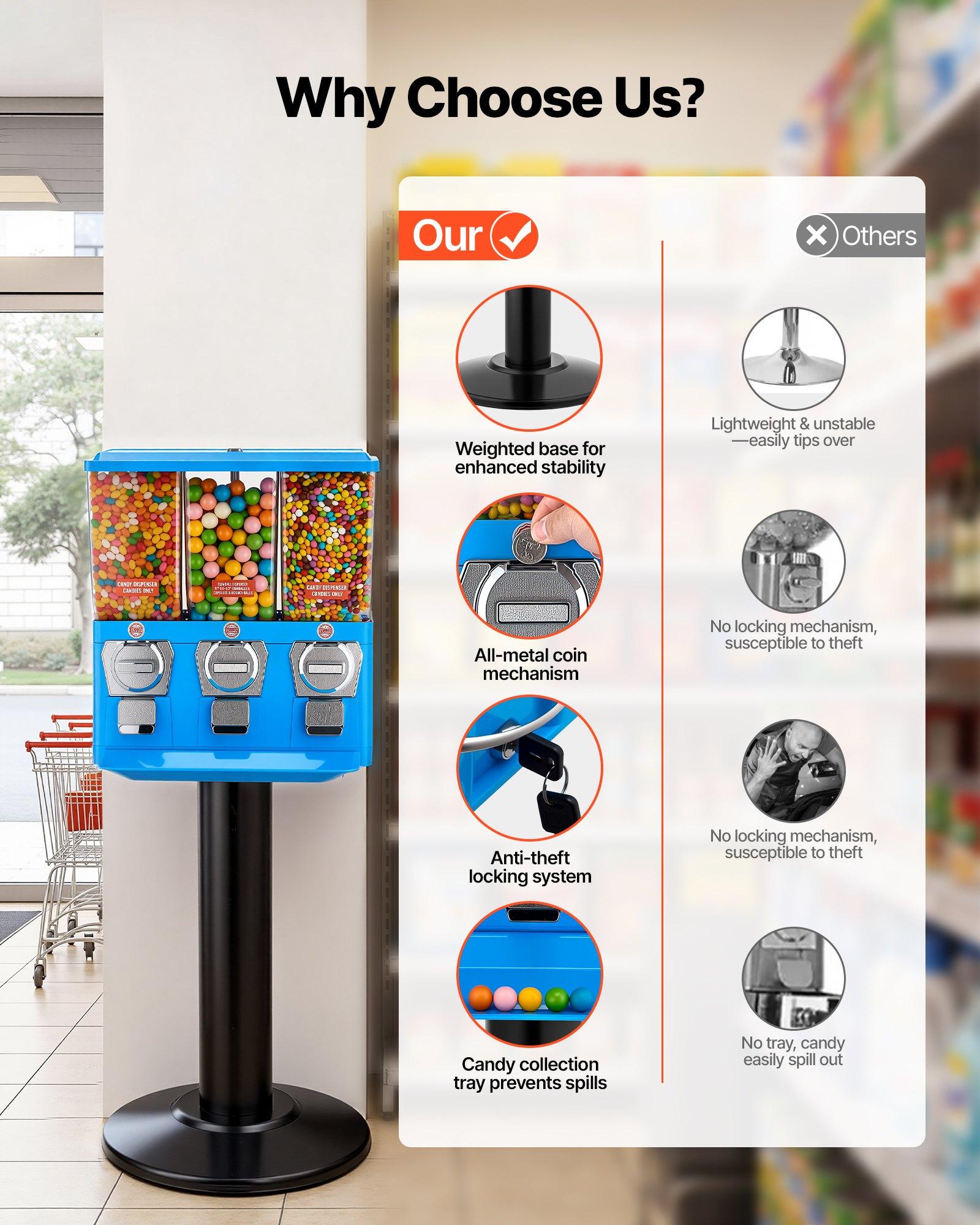 VEVOR Candy Vending Machine, Triple Compartment Candy Vending Machine with Stand, Gumball & Candies Vendings Machines with Built-In Cash Box, Detachable, Vintage Candies Dispenser for Shops, Arcades