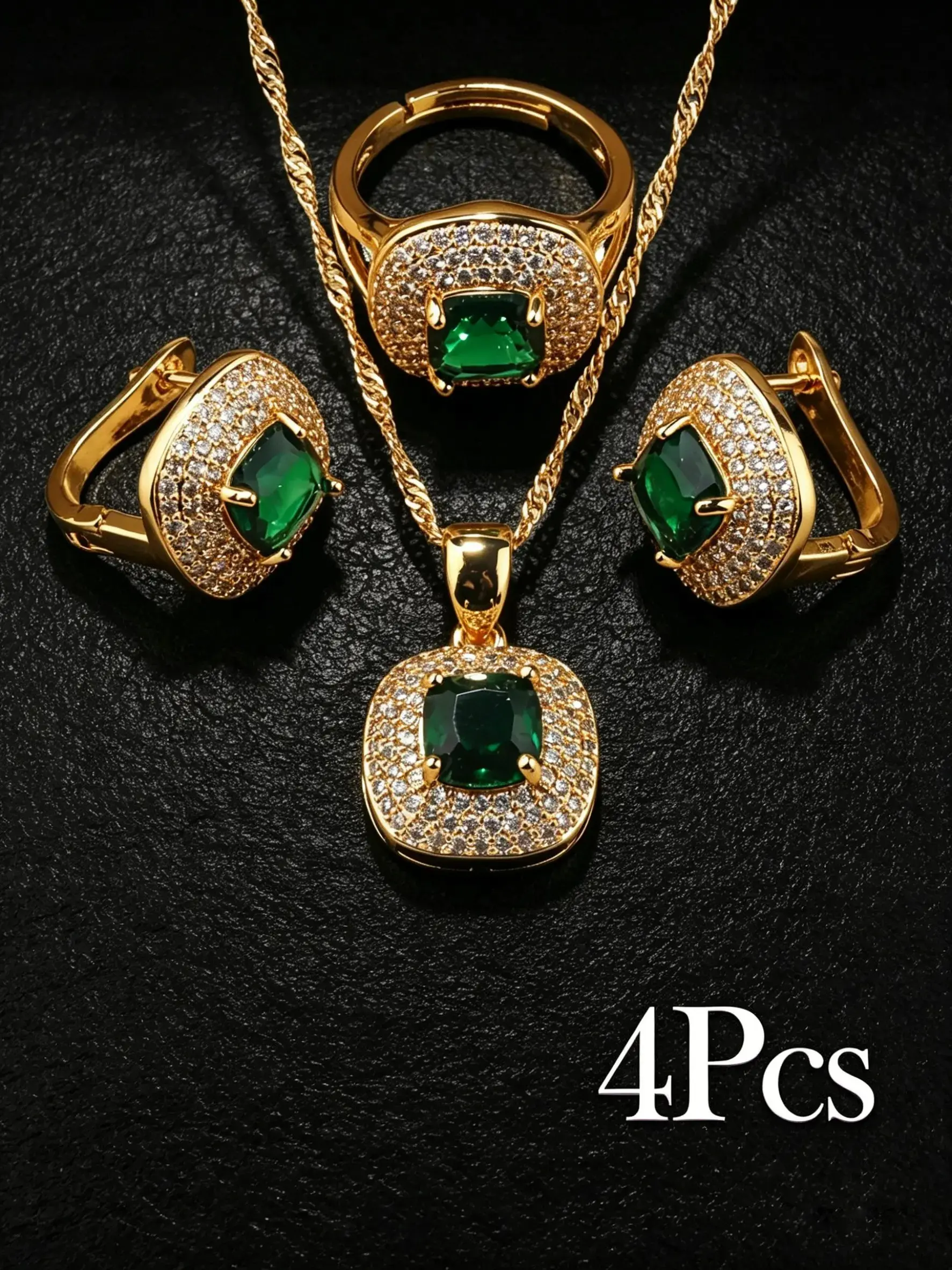 Elegant Gemstone Jewelry Set for Women, 4-Piece Luxury 18k Gold Plated Necklace Earrings Ring Set, Perfect for Dates and Parties