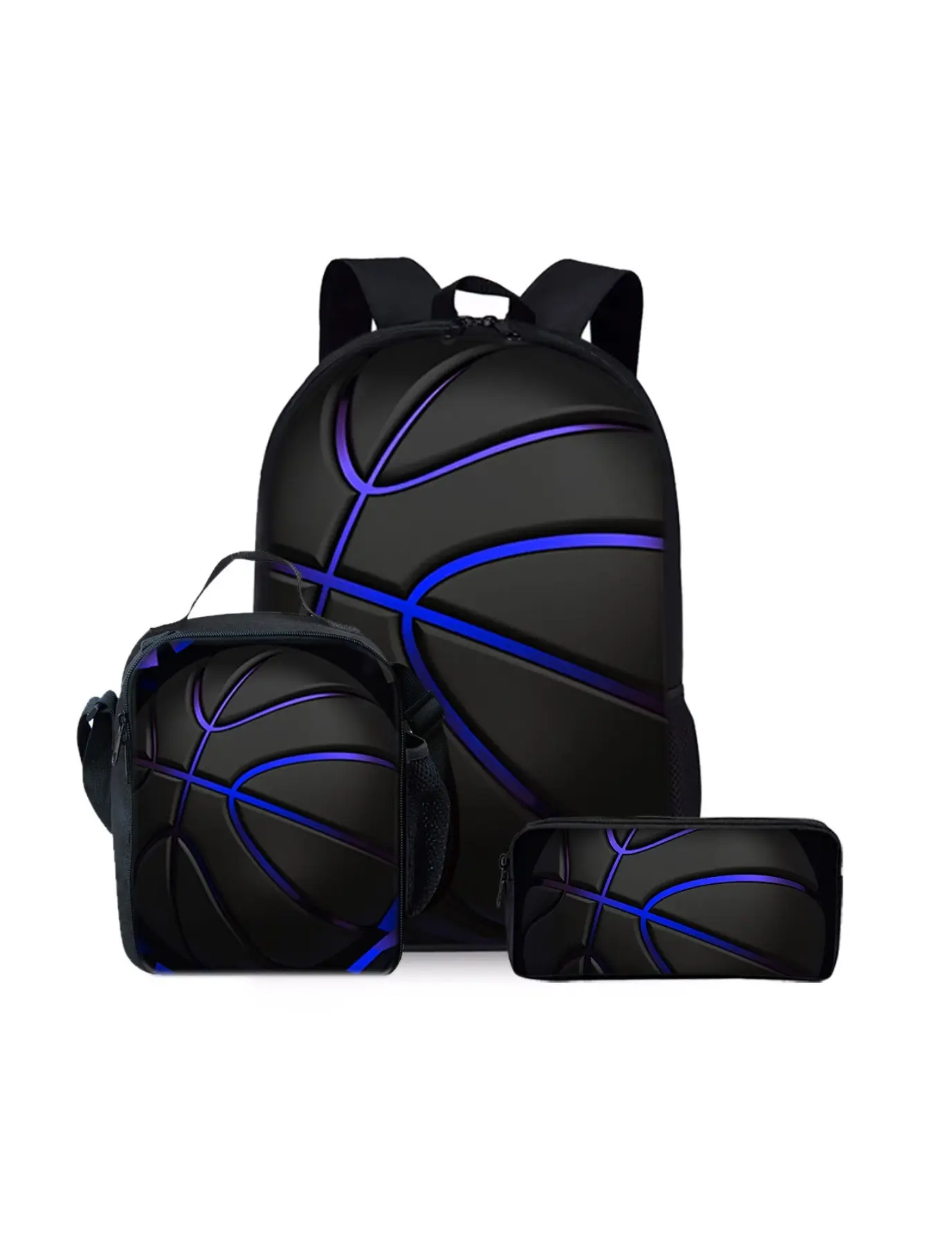 Three-piece set of backpacks with blue basketball pattern prints, including lunch bag, pencil case, and backpack, Backpack Combo