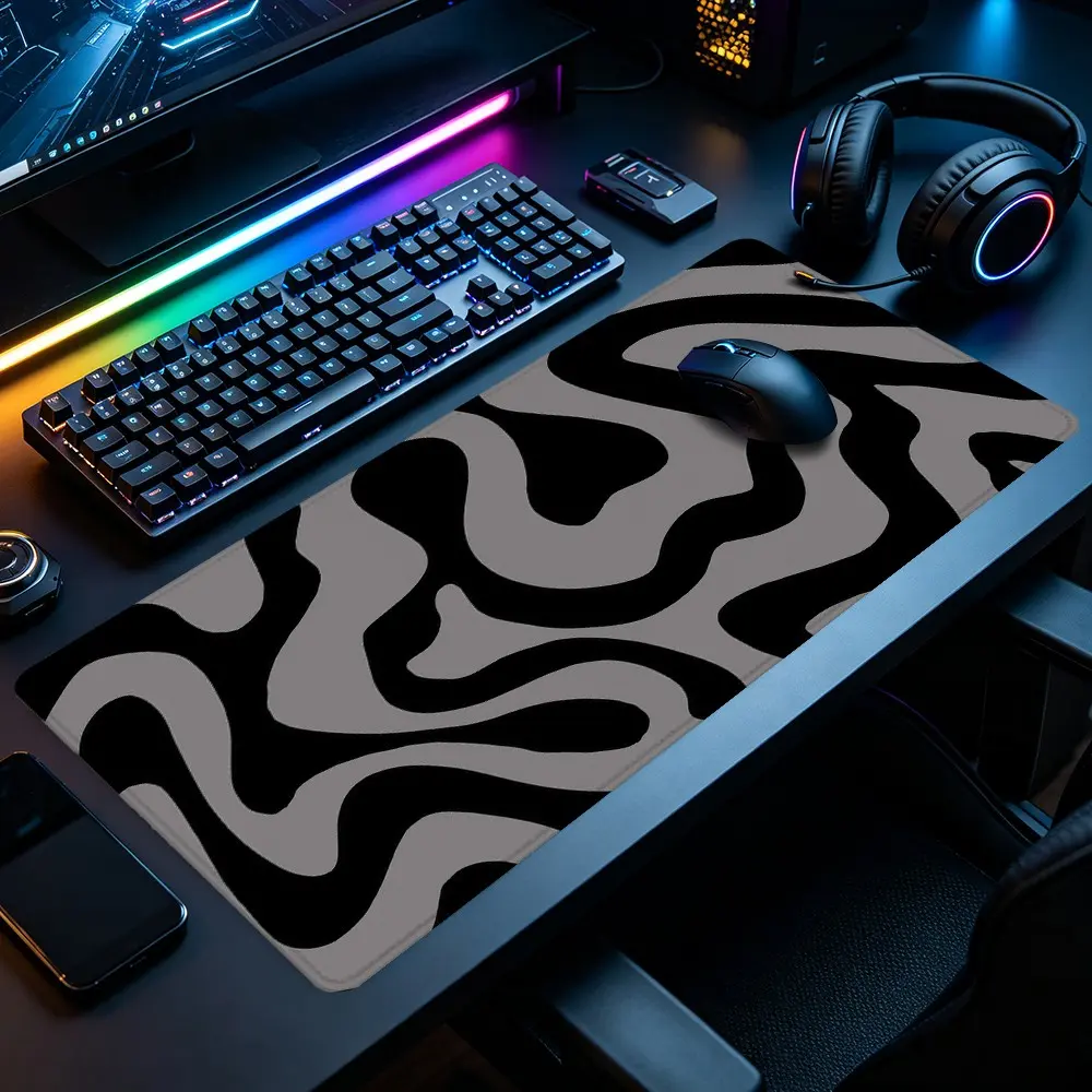 Black Gray Swirl Fluid Marble Wave XXL Gaming Mouse Pad，Minimal Abstract Texture Art Stitched Non-Slip Rubber Base Smooth Top Desk Surface Protection For Gamers & Office Staff Gaming Station Office Work Desk School Student Desk