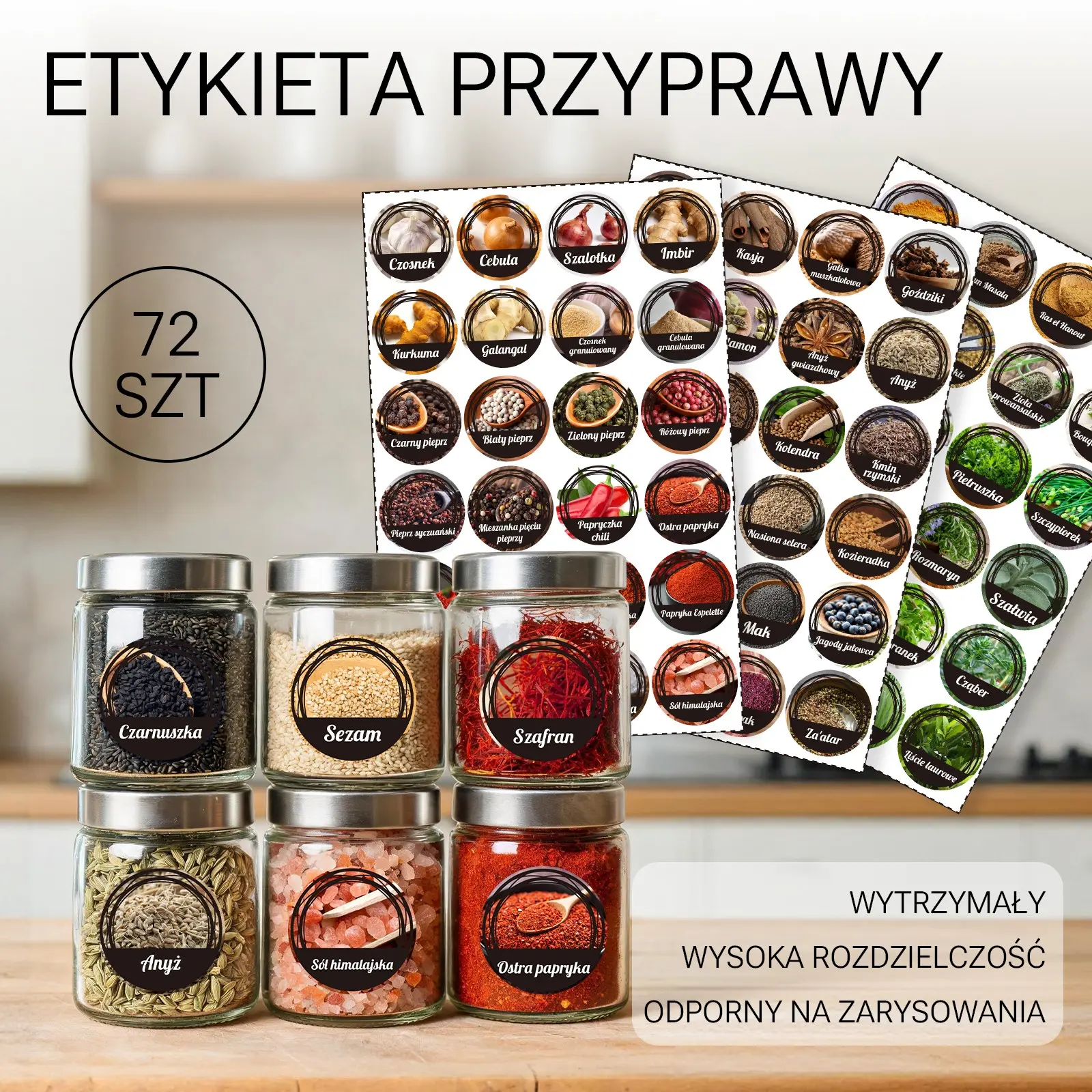 Polish Spice Jar Round Vinyl Stickers, 72 Piece Waterproof Durable Removable Labels, No Residue Storage Organization Tags
