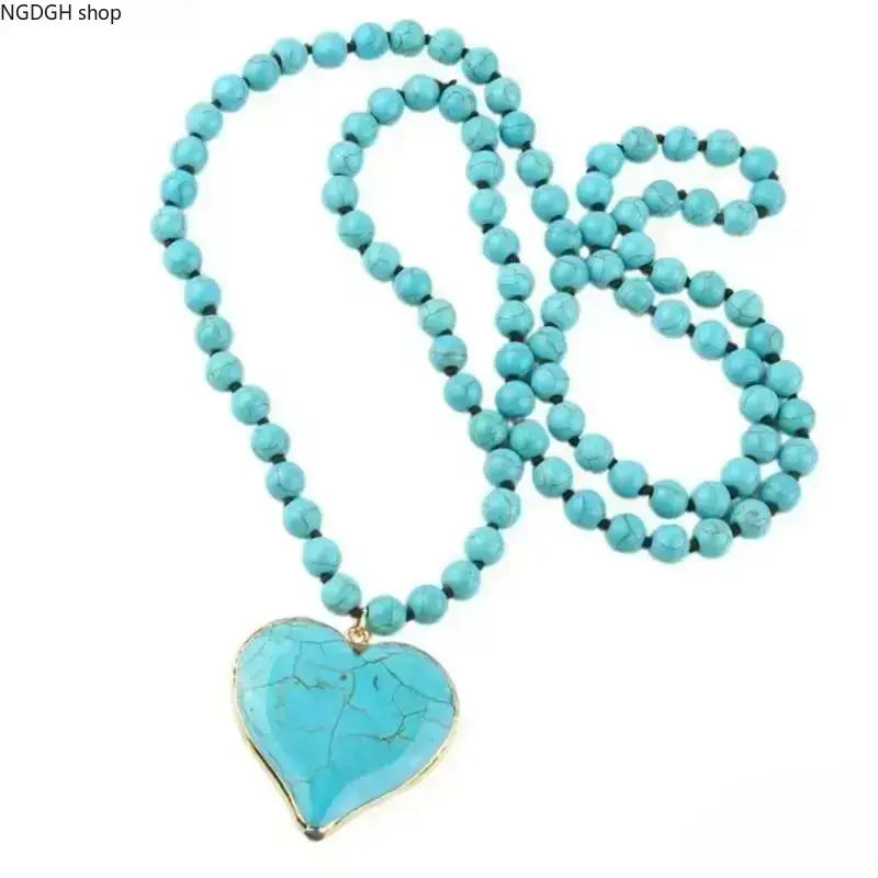 Trendy Western Turquoise Necklace - Large Heart Pendant, Boho Bead Detail Statement Piece, Casual Adults' Sports & Outdoor Accessory for Summer Festivals, Vacation Looks, Unisex Turquoise Jewelry
