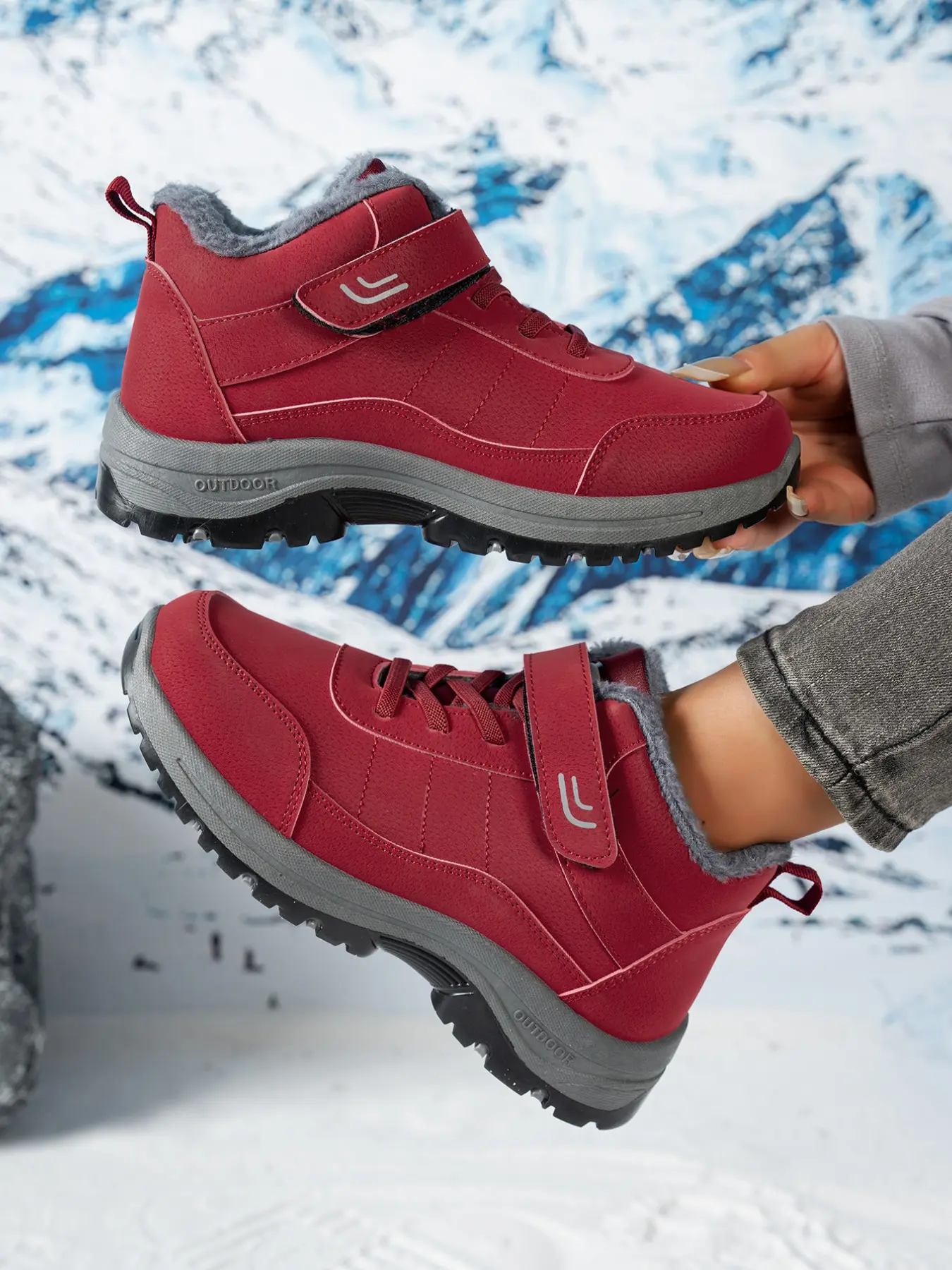 Women Fuzzy Lined High Top Winter Walking Shoes, PU Leather Boots, Hook And Loop Strap Lace-Up Outdoor Ankle Sneakers, Round Toe Solid Color Cold Season Casual Outdoor Footwear