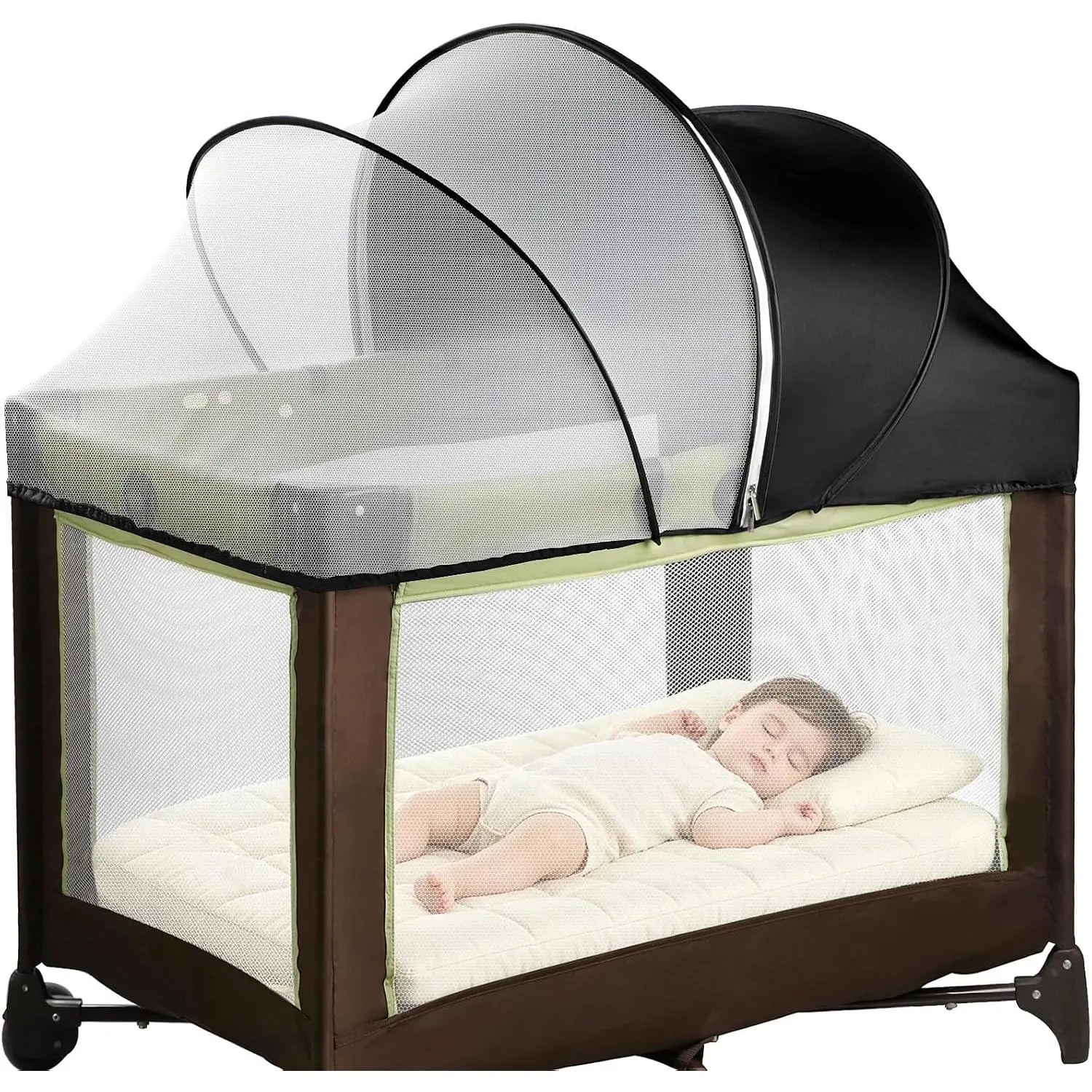 Tent Cover - Half-Blackout Mosquito Net for Crib & Playpen, Baby Bassinet Cover for Cats with 2-Way Zipper, Sun-Blocking Bug Net for Travel Crib (Black-Large)