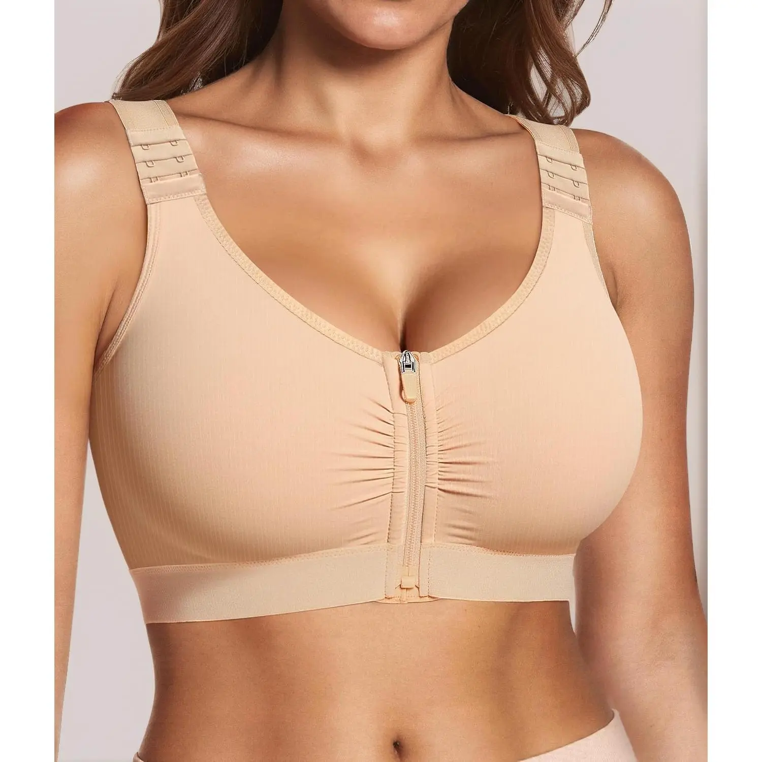 Women's Post-Surgery Zip-Front Mastectomy Bras - Wireless, Wide Adjustable Straps, Machine Washable for Everyday Compression Support, Machine Wash, Nude, Basic