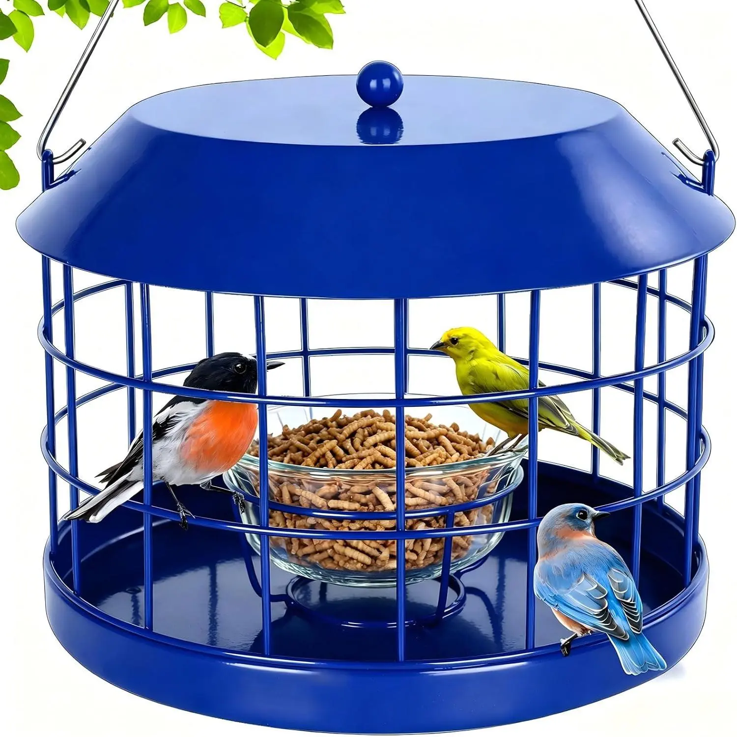 Metal Squirrel Proof Bluebird Mealworm Feeder with Glass Bowl, Weatherproof Outdoor Cage Feeder for Small Wild Birds