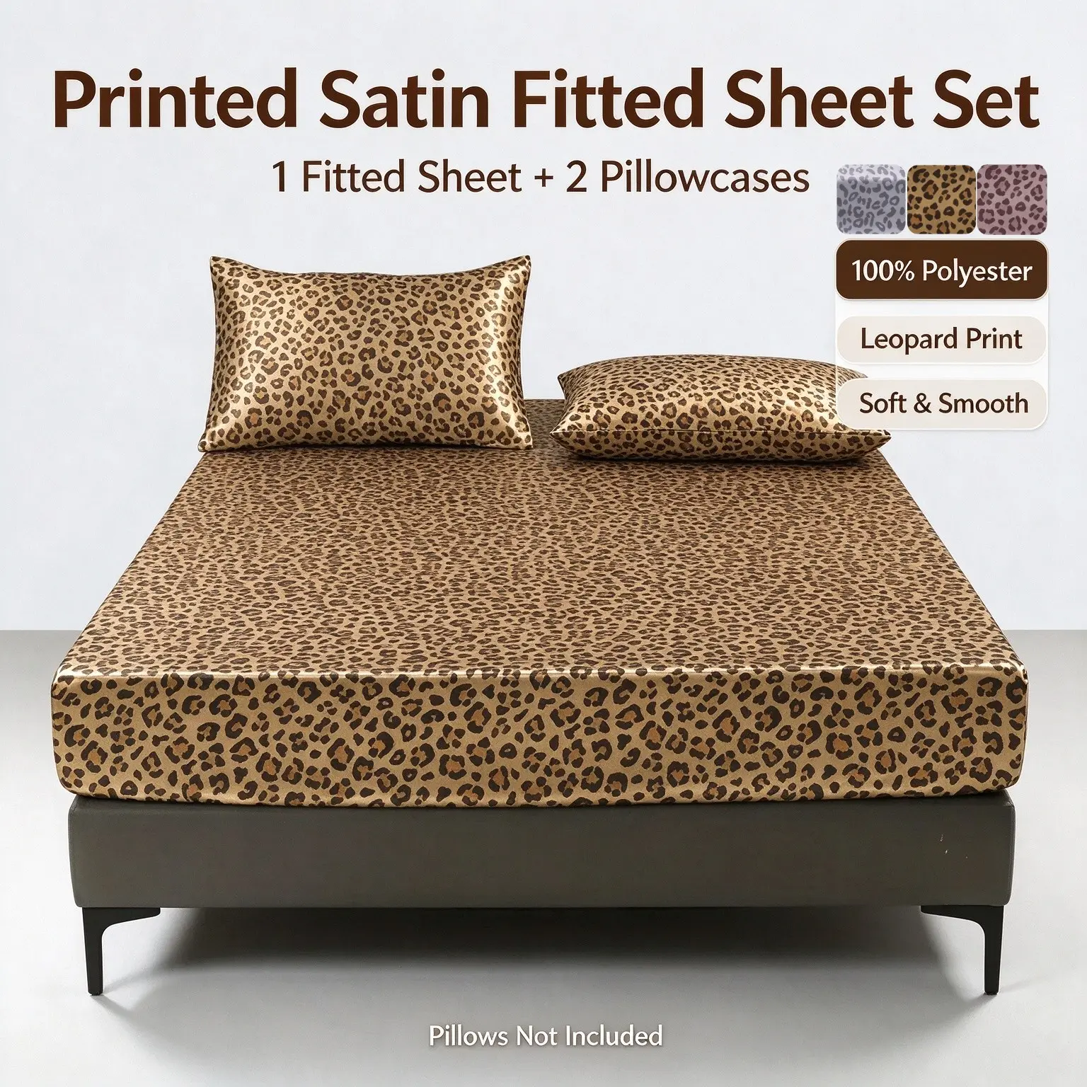 3Pcs Leopard Print Satin Fitted Sheet Set, 1 Fitted Sheet + 2 Pillowcases, Silky Smooth Polyester Bedding, 3 Colors Available, Pillows Not Included, Deep Pocket Mattress Cover for Bedroom Decor