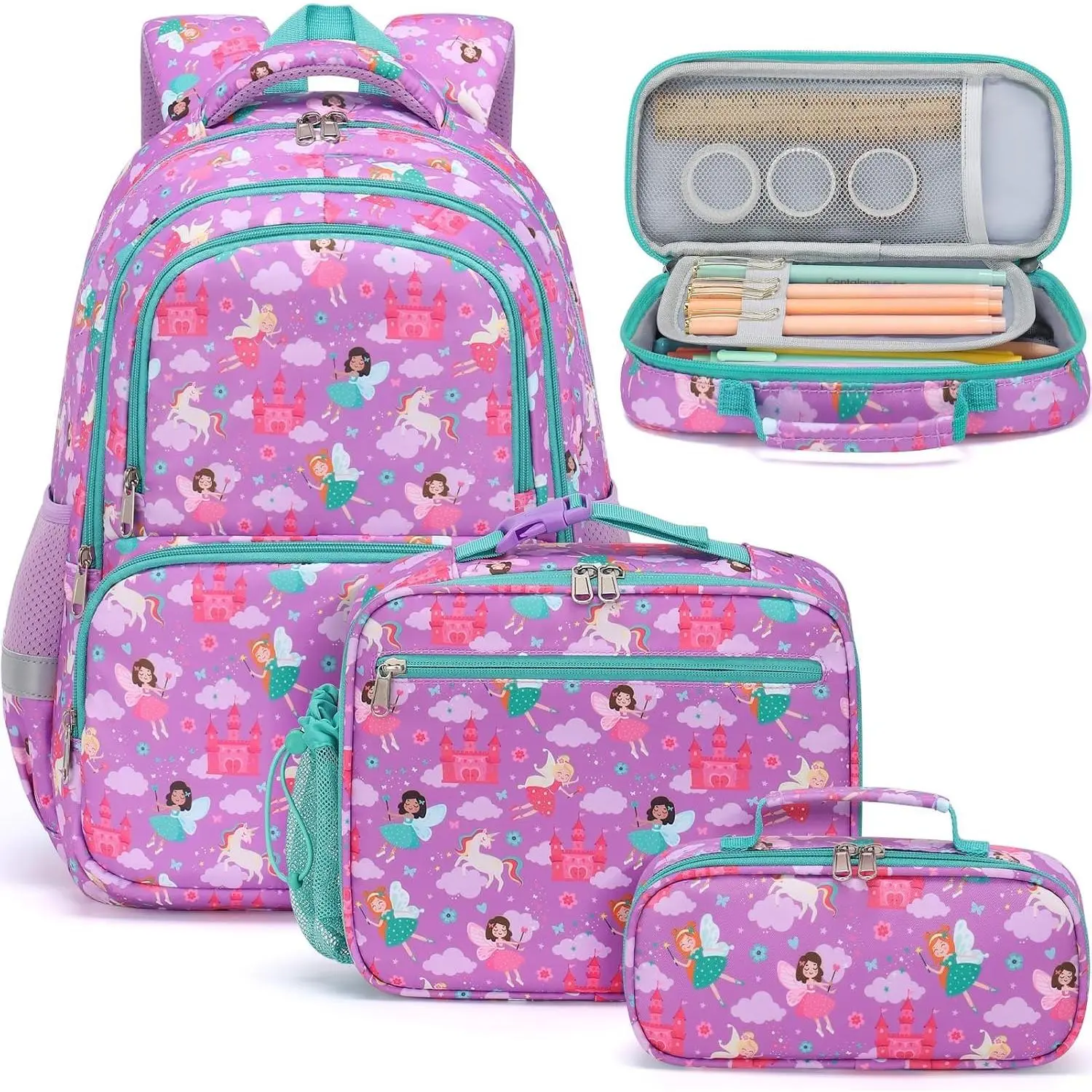 Backpack for School Girls, 3 count   School Bag Bookbag Set with Lunch Bag & Pencil Case for   Elementary  to School Student Ages 3-12, Fairies