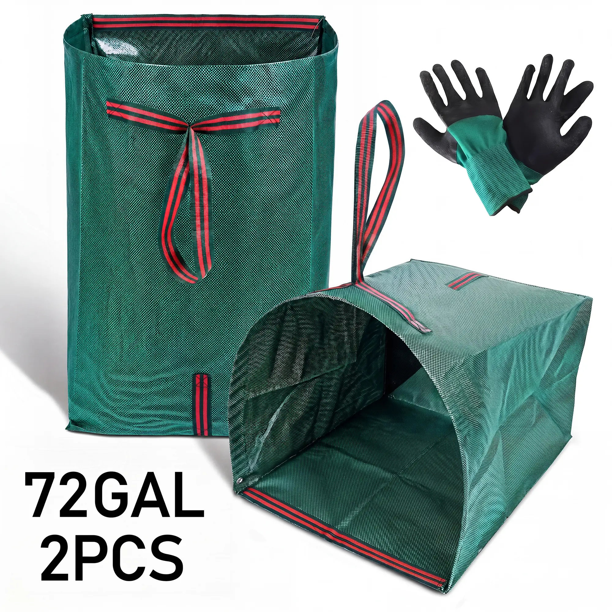 Reusable Garden Waste Bags 2 Pack with Gloves - Heavy Duty PP Yard Leaf Bags for Lawn Debris, Foldable Collapsible Garbage Bags for Outdoor Yard Cleanup, Fall Leaf Collection & Grass Clippings - 150L/200L/270L
