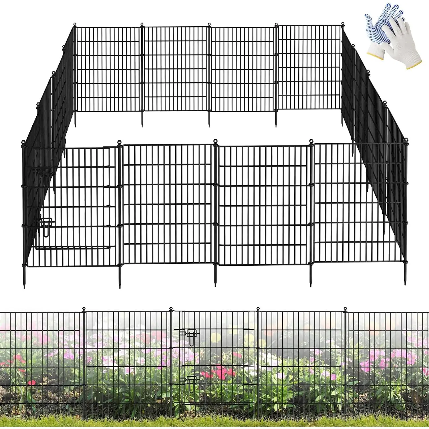16 Panels Garden Fence,Rustproof Metal Fence Panels - 32in (H)×37.8ft (L) Garden Fencing  Barrier with Gate, Fence Outdoor for Yard