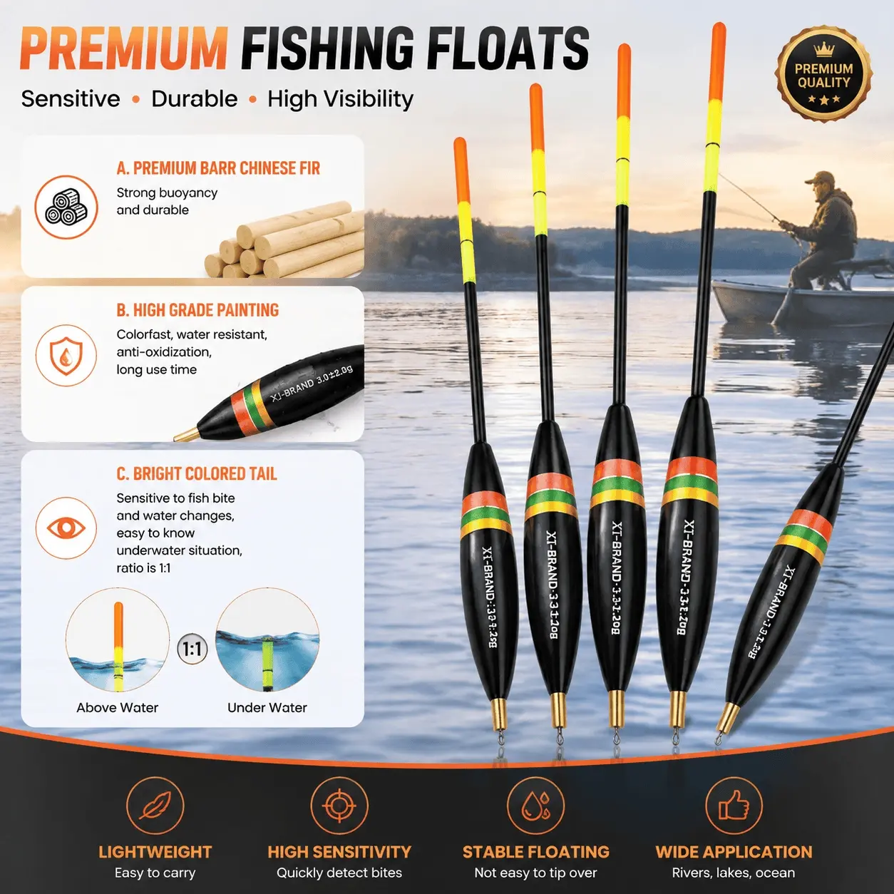 High Sensitivity Fishing Float Set, Durable Balsa Wood for Night Fishing, Sea & Freshwater Use, 5-Piece Multi-Size Kit, Ideal for Boat and Nearshore Fishing Scenarios