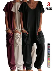 3pcs V Neck Short Sleeve Jumpsuit, Drop Crotch Harem Overall, Soft Stretch Knit Fabric, Big Side Pockets, Casual Daily & Vacation Wear