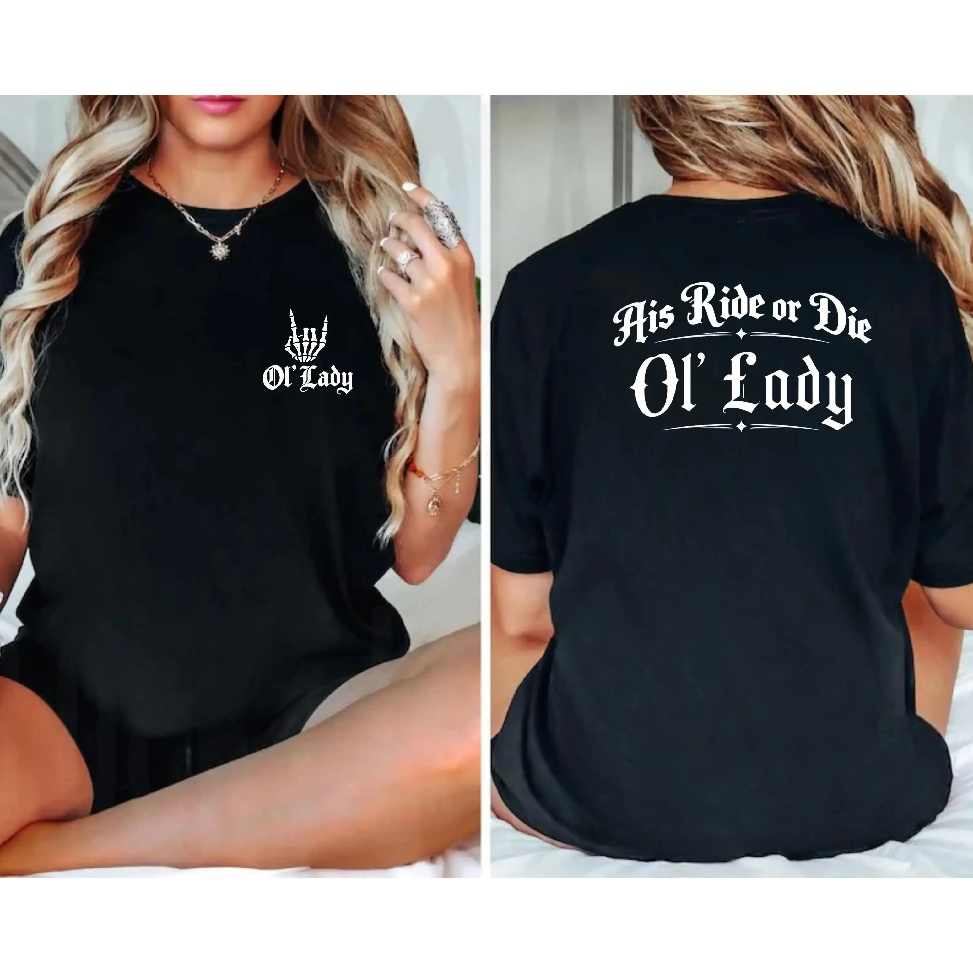 Women's Short-Sleeve Cotton Biker T-Shirt - Comfortable Western Gothic Ride or Die Ol’ Lady Print Top, Casual Everyday Statement Motorcycle Tee with Pocket, Flattering Fit