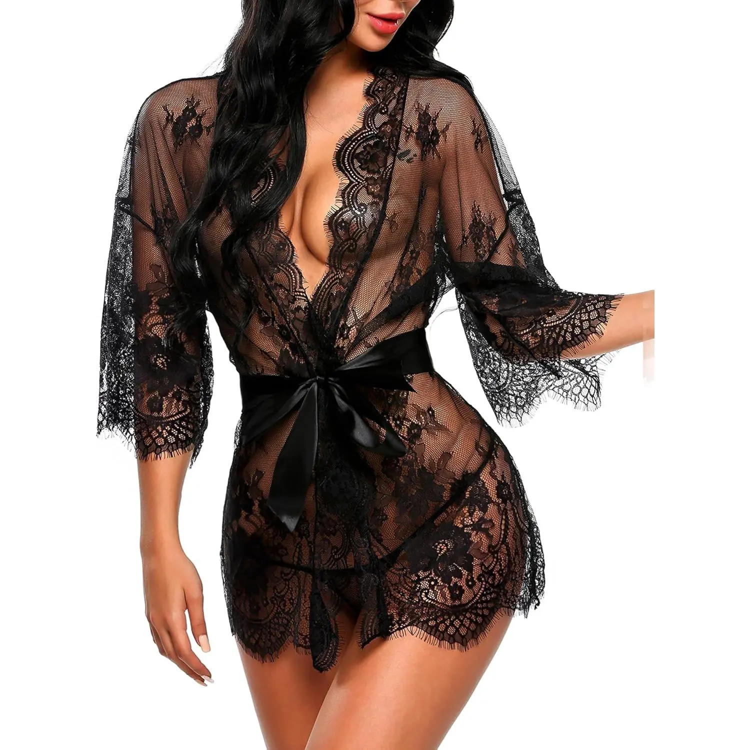 Women's Lace Pattern Mesh Fabric Kimono Robe - Butterfly Sleeves Mini Length Babydoll Lingerie Nightgown, Multi-Size S-5XL (Indoor Leisure Wear)