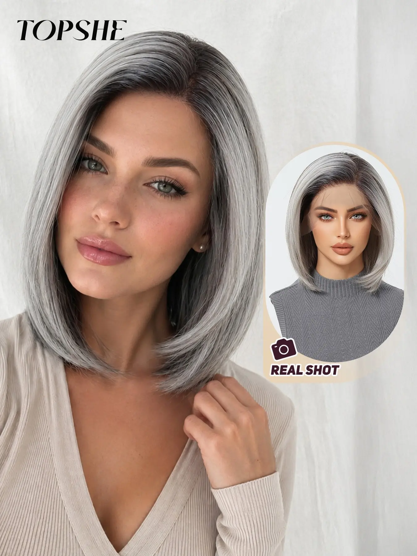 Topshe 12-Inch Silver Color Straight Wig, Heat-Resistant Fiber, Natural Gradient Root, Daily Commute, Women's Synthetic Lace Front Wig, Natural Looking Wigs