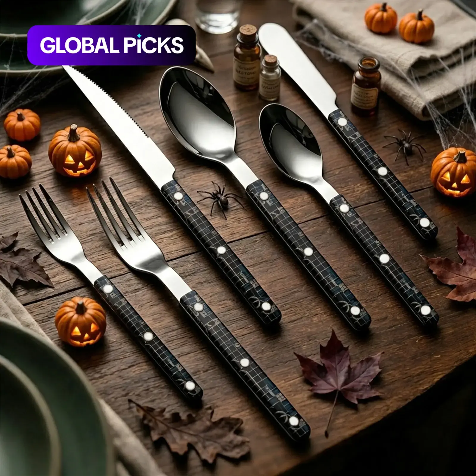 6 Piece Halloween Flatware Set, Dark Retro Plaid Handle, 304 Stainless Steel, Cutlery for Holiday Dinner, Party Decor, Daily Meals, Gift, Cutlery Sets