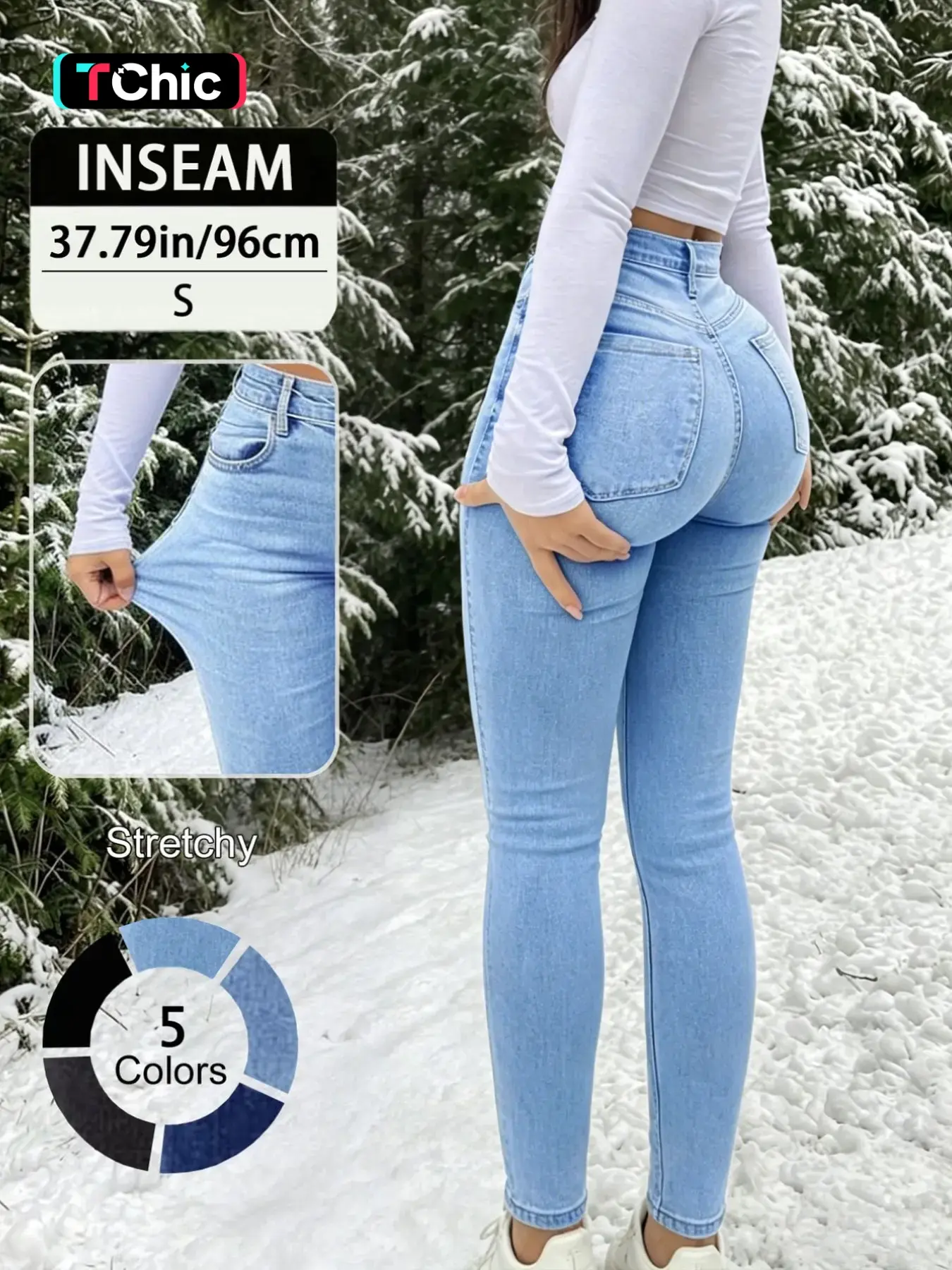 New Elegant Casual Slim-Fitting High Waist Long Denim Jean Pants for Women, Stretchy Button Fly Design, All-Season Plain Surface Trousers, Fashion Jeans