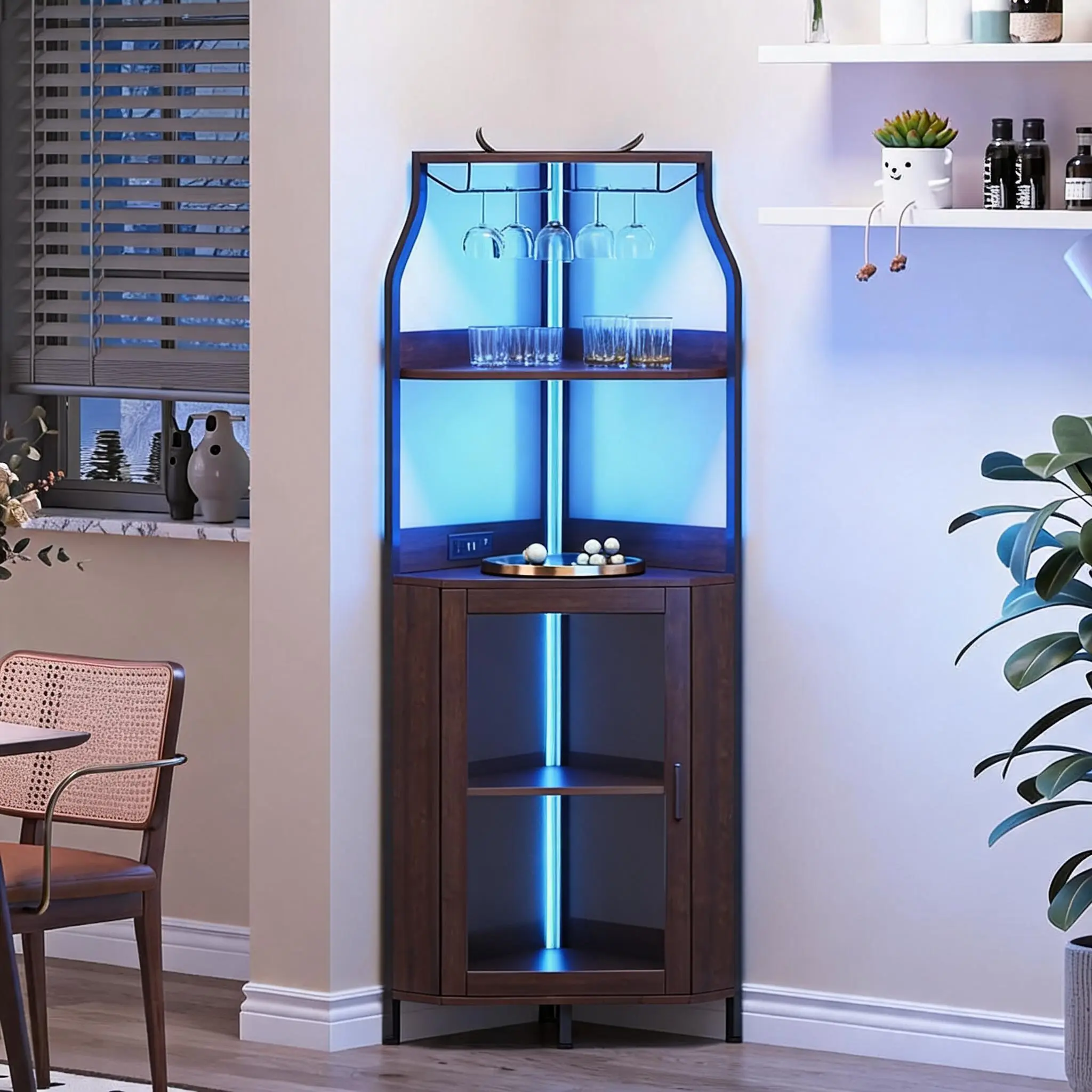 5 Tier Corner Bar Cabinet with Wine Rack and Glass Holder 60.6in Tall Industrial Wood Liquor Storage Hutch for Home Living Room Furniture
