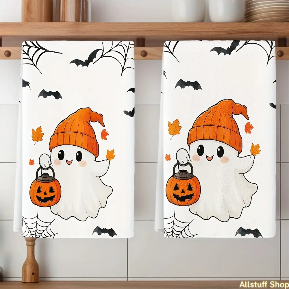 2pcs Set Cute & Pumpkin Kitchen Towels with Bats & Cobwebs - Durable Polyester Dishcloths and Decorative Hand Towels for Halloween & Fall Decor, Modern Rectangular Dish Drying Cloths with Smiling Ghosts, Spiders, and Autumn Leaves Design in Orange, tiktok