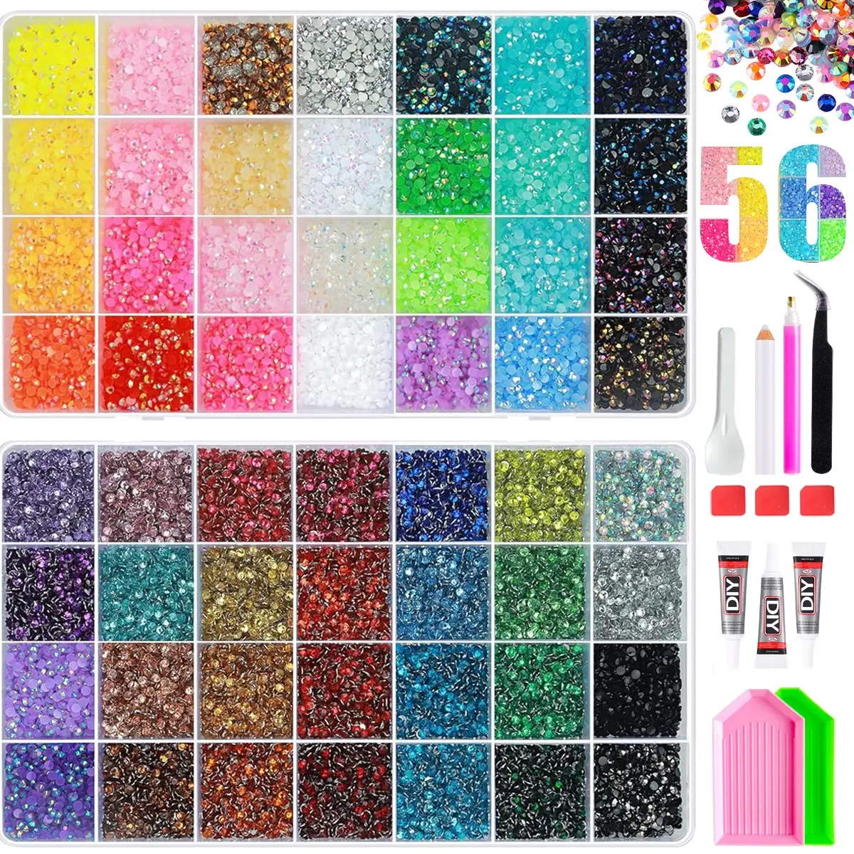 56 Colors Assorted Rhinestone Set with Adhesive & Tools, Flatback Crystal Gems for Manicure & Handmade Crafts, Jelly Glass Nail Art Rhinestones Gift Box, Mixed Colors, DIY Craft Supplies, Clothing, Fabric Decorations, Diy Nails Art, Nail Art Rhinestones
