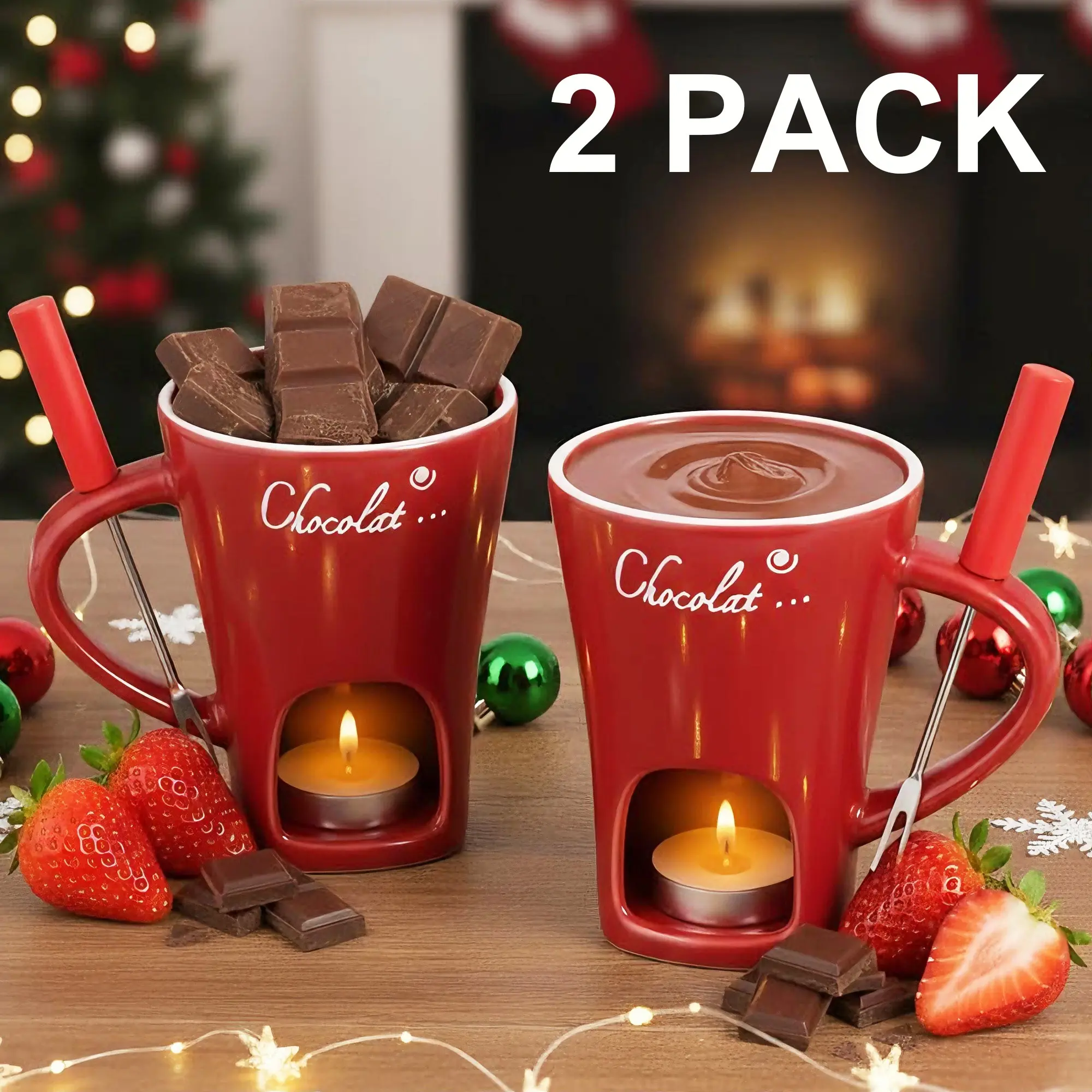 2 Pack Ceramic Chocolate Fondue Cute Mug Set, Fondue Pot Cup Set, Personal Mini Tea Light Candle Warmer with Stainless Steel Dipping Forks, Food Grade Melting Pot for Chocolate Cheese Caramel, Perfect Gift for Christmas Valentine Date Night Dessert Party