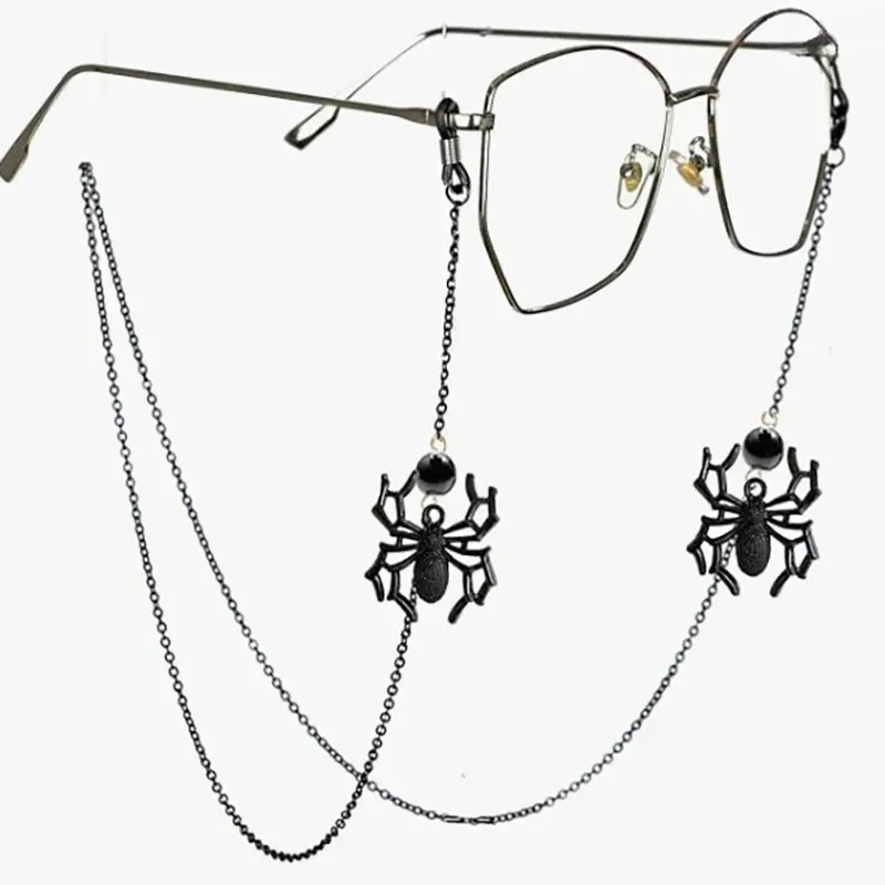 Women's Black Spider Metallic Eyeglass Chain - High-End Halloween Neck Strap for Females, Anti-Loss Anti-Slip Accessory for Europe and America Fashion, Female, Black Bat Eyeglass Chain [Gold Figure-Eight Clasp]