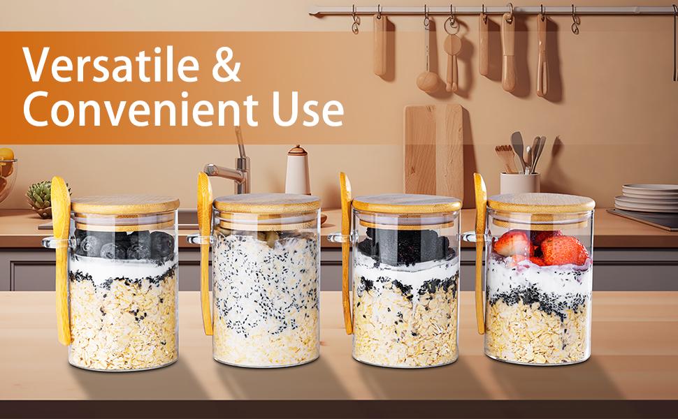Overnight Oats Containers with Lids,16oz Overnight Oats Jars 4 Pack, Oatmeal Cups,Meal Prep Containers,Glass Meal Prep Containers with Lids,China Pudding Jars