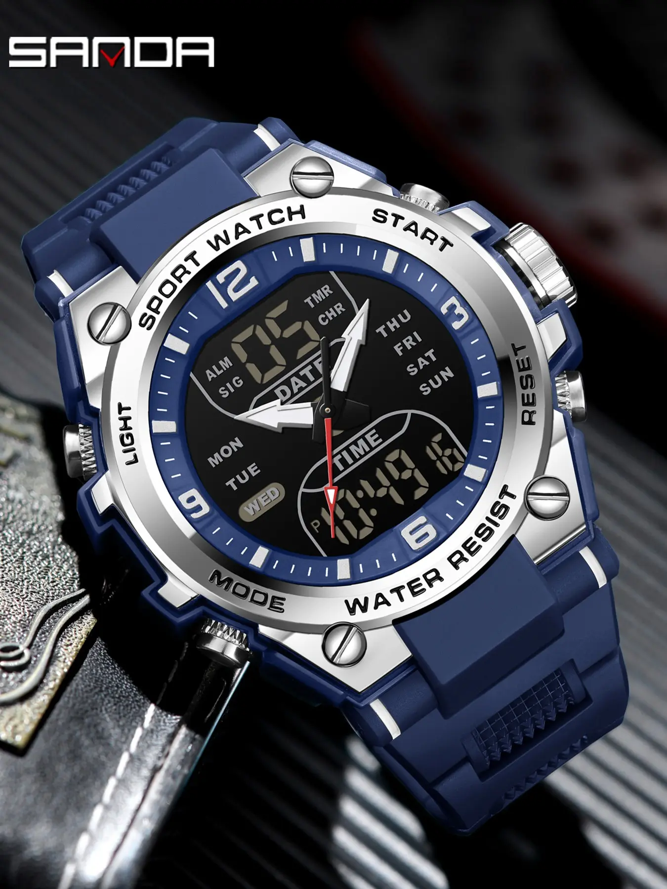 1Set Sanda 6252 Men's Double Shiying Double Outdoor Sports Watch 50m Waterproof Three Time Zone Luminous Electronic Watch Student Trend Big Dial Silicone Watch Countdown Alarm Clock Shockproof Tactical Table Quartz Wristwatch