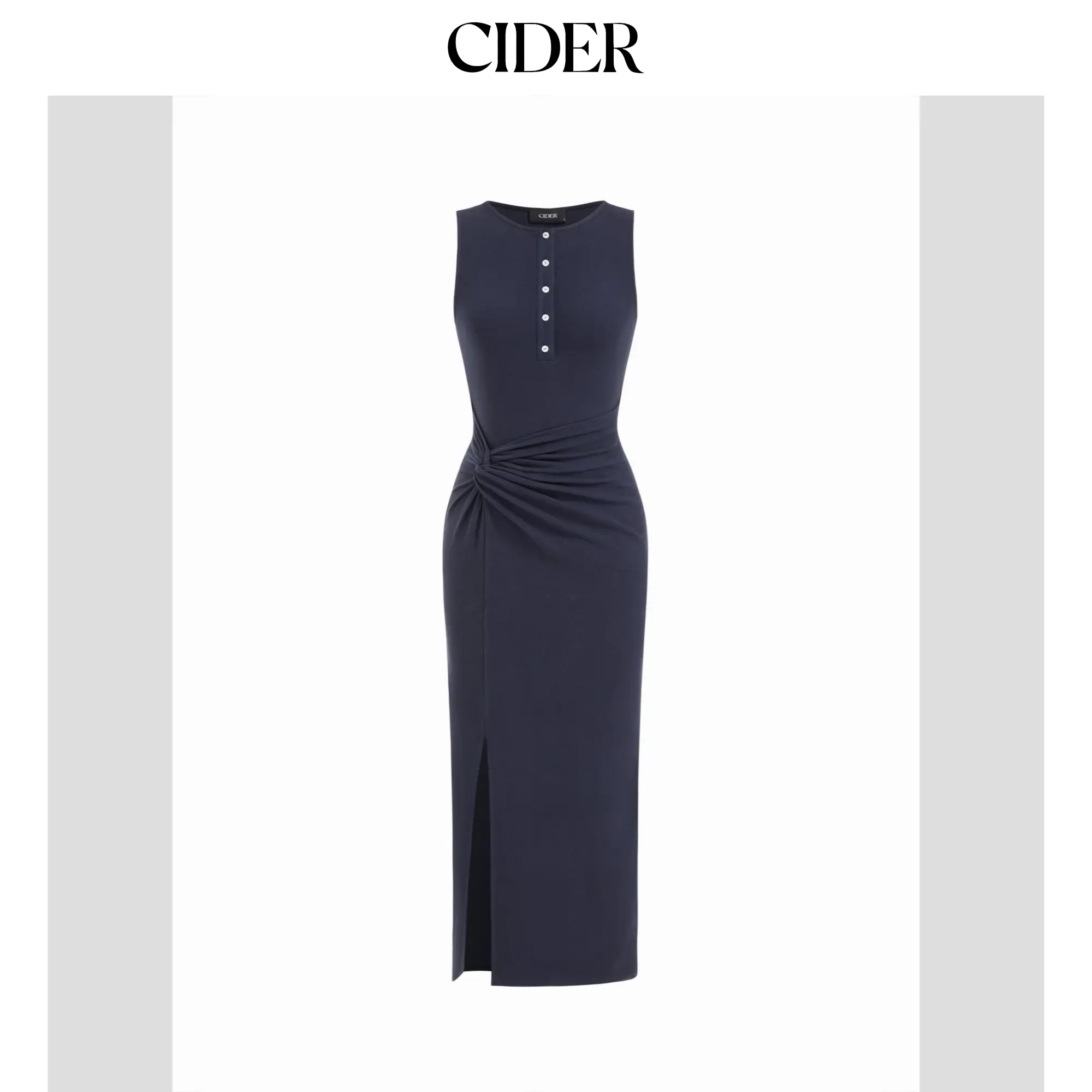 Cider Women's Cotton-Blend Round Neck Twist-Side Split Maxi Dress
