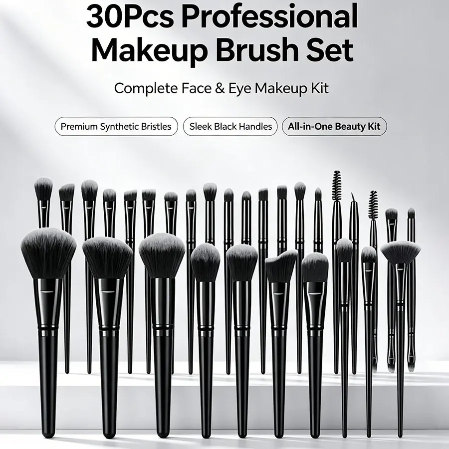 30-Piece Professional Makeup Brush Set, Brush Kit, Soft Synthetic Bristles, Face and Eye Tools, Foundation, Blush, Eyeshadow, Concealer, Handle