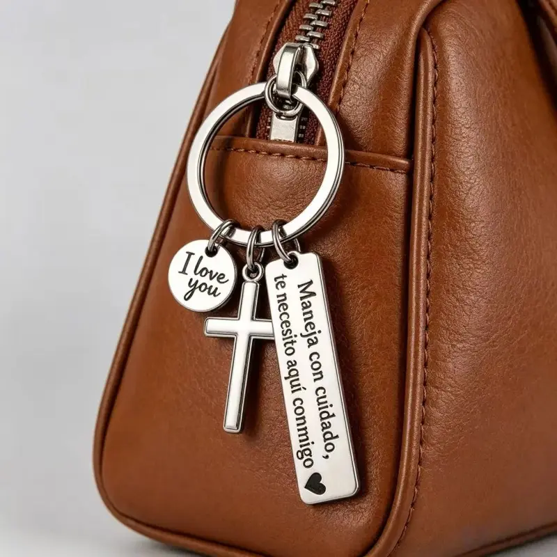Stainless Steel Keychain with Romantic Spanish Blessing, Religious Cross & Love Charm - Unisex Car Accessory for Birthday or Ceremony, Anniversary, Everyday Carry, Cross & Text, Rust-Proof, Safety Message