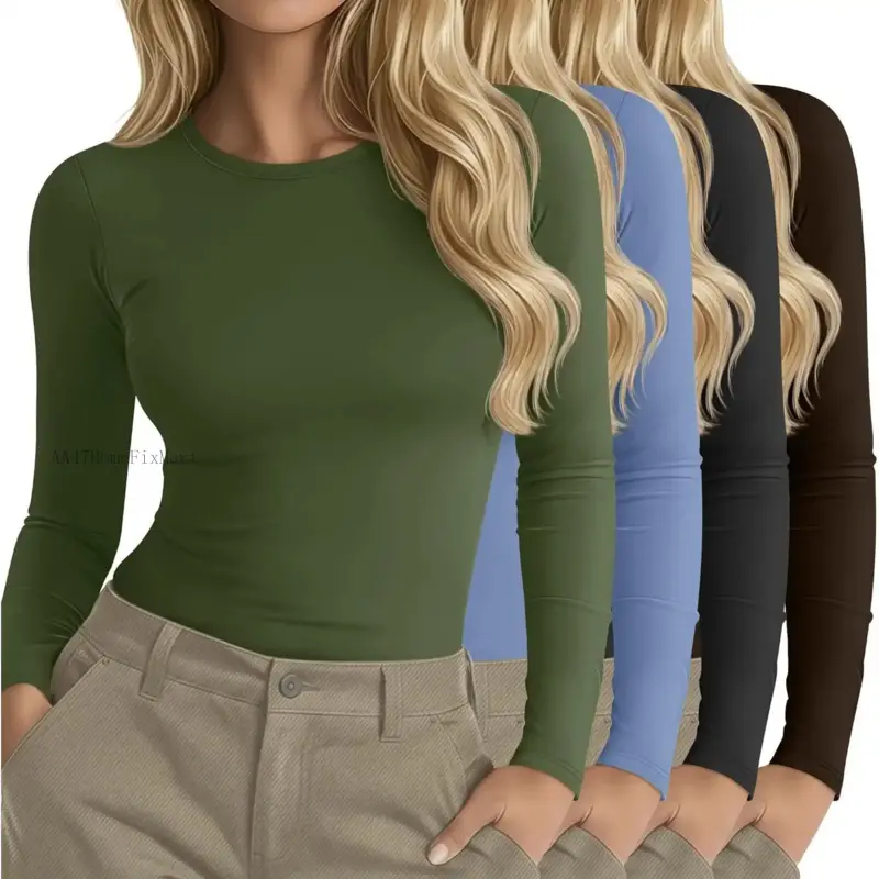 Women's 4-Pack Long Sleeve Underscrub Undershirts, Crew Neck (Round Neck), Slim Fit Stretchy (Stretch Fabric) Casual Tops - AA47HomeFixMart