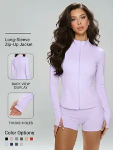 Women's Slim-Fit Zipper Sport Jacket, Breathable Running Yoga Outerwear, Thumb Hole Design, All-Season Plain Pattern