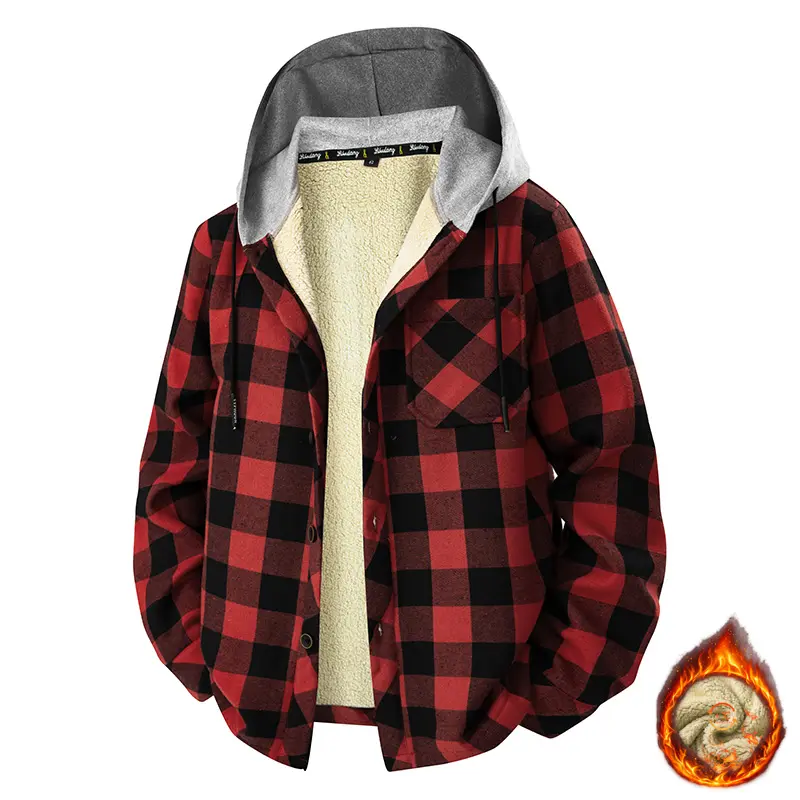 Men's Sherpa Fleece-Lined Gingham Checkered Hooded Flannel Shacket - Long Sleeves, Drawstring Hood, Button-Up, Heavyweight Thermal Menswear Overshirt with Pocket for Fall Winter Cold Weather Casual Layering, Retro, Tops, Stylish