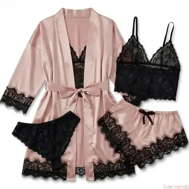Women's 4-Piece Satin Pajama Set - Floral Lace Long Robe, Nightgown, Soft Silky Nightwear, Elegant Indoor Recreation Loungewear for Home Relaxation & Holiday Gifting